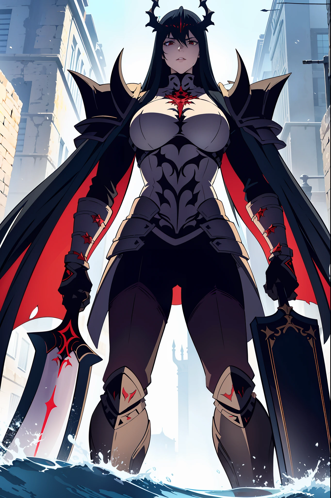 Knight in all black armor, thicc body, huge titties, thicc thighs, bloody