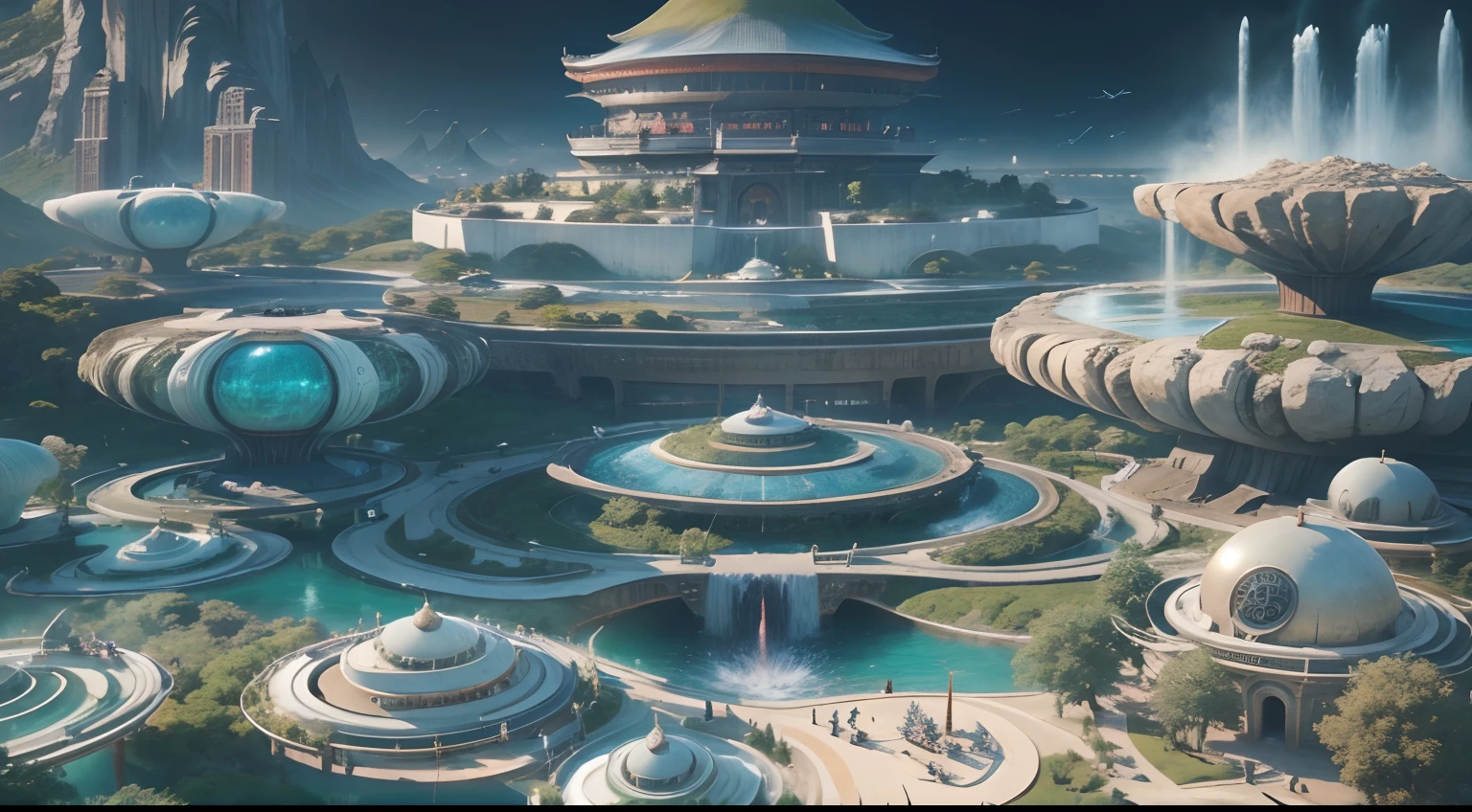 tmasterpiece,16k,UHD resolution,Detailed depiction,photorealestic,realisticlying,Very realistic,super wide shot,depth of fields,Foto realism, The ultra-detailliert,The future city,Green environmental protection,mont,Eau,waterfallr,florals,blue-sky,baiyun,Beautiful surroundings,Oriental ancient architecture and future technology integration,Chinese garden art,Small flying machines sail around the city,in fantasy sci - fi city, Beautiful futuristic city, Utopian cities of the future, Conceptual image 16K resolution, concept art 8k resolution,Conceptual diagram 16K, sci-fi hollywood concept art