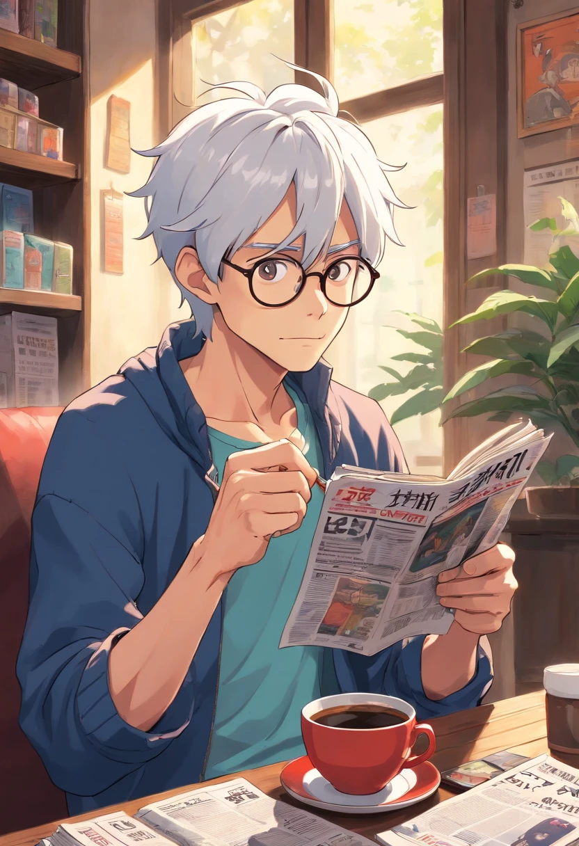 male skinny hipster with white hair and pointed ears, drinking coffee and reading a newspaper, wearing small glasses