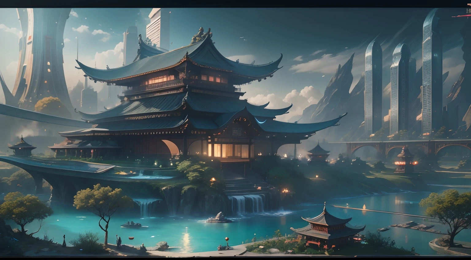 tmasterpiece，16k，UHD resolution，Detailed depiction，photorealestic，realisticlying，Very realistic，super wide shot，depth of fields，Foto realism, The ultra-detailliert,The future city，Green environmental protection，mont，Eau，waterfallr，florals，blue-sky，baiyun，Beautiful surroundings，Oriental ancient architecture and future technology integration，Chinese garden art，Small flying machines sail around the city，in fantasy sci - fi city， Beautiful futuristic city， Utopian cities of the future， Conceptual image 16K resolution， concept art 8k resolution，Conceptual diagram 16K， sci-fi hollywood concept art