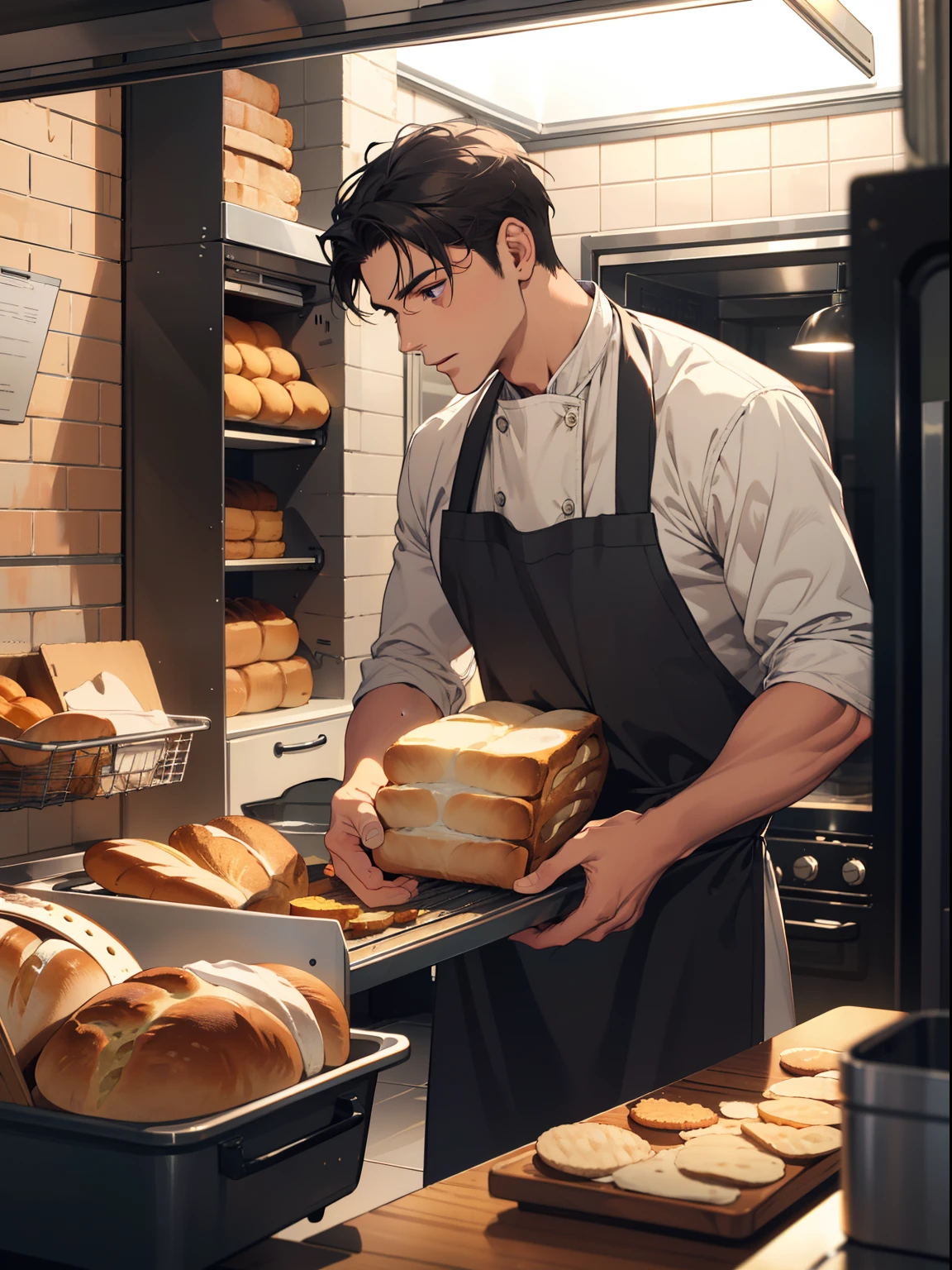 (((masterpiece))),best quality, a man baking bread, oven