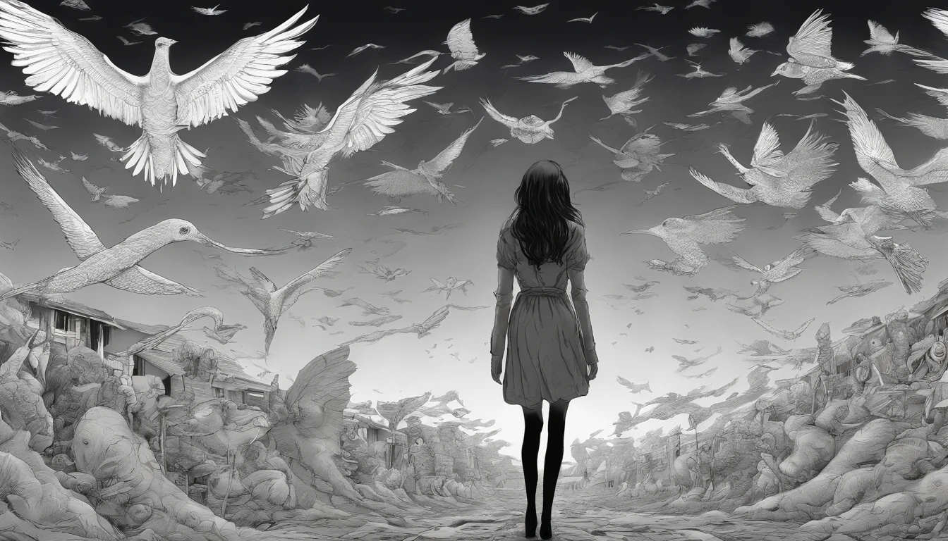 arafed image of a girl standing in front of dead bodys and birds flying around, gigantic breasts, horror manga, junji ito artwork, ito junji art, subtle junji ito, junji ito style, art style of junji ito, pixivs and junji ito, junji ito undertones, junji ito 4 k, in berserk manga, penisart,gigantic breasts
