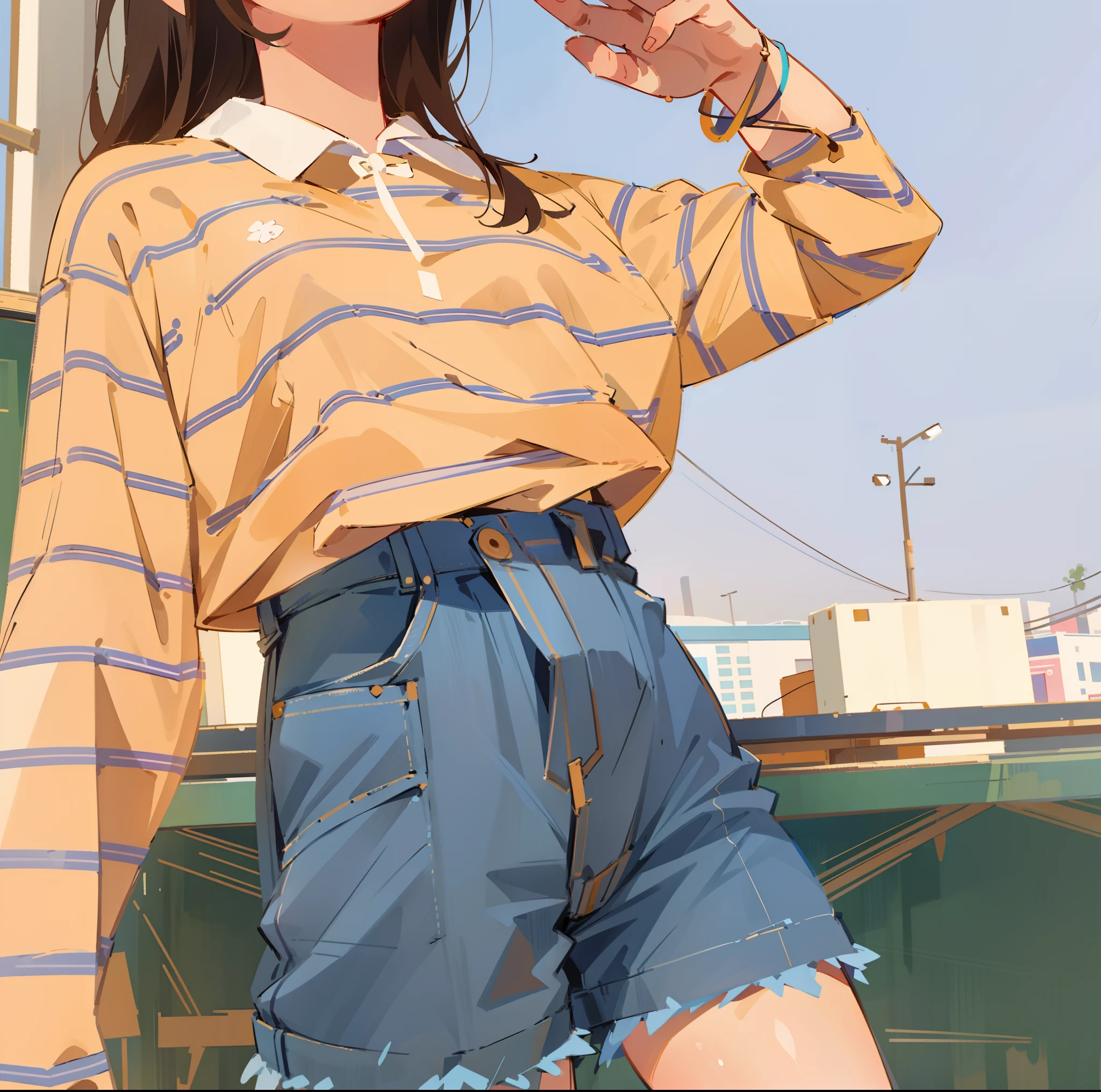 a close up of a woman in a short skirt and a striped shirt, casual clothing style, cute casual streetwear, casual clothes, trendy clothes, casual modern clothing, kawaii shirt and jeans, casual clothing, 90s style, vintage aesthetic, 9 0 s vibe, modern casual clothing, clothes in the style of 1 9 9 0, lofi girl aesthetic