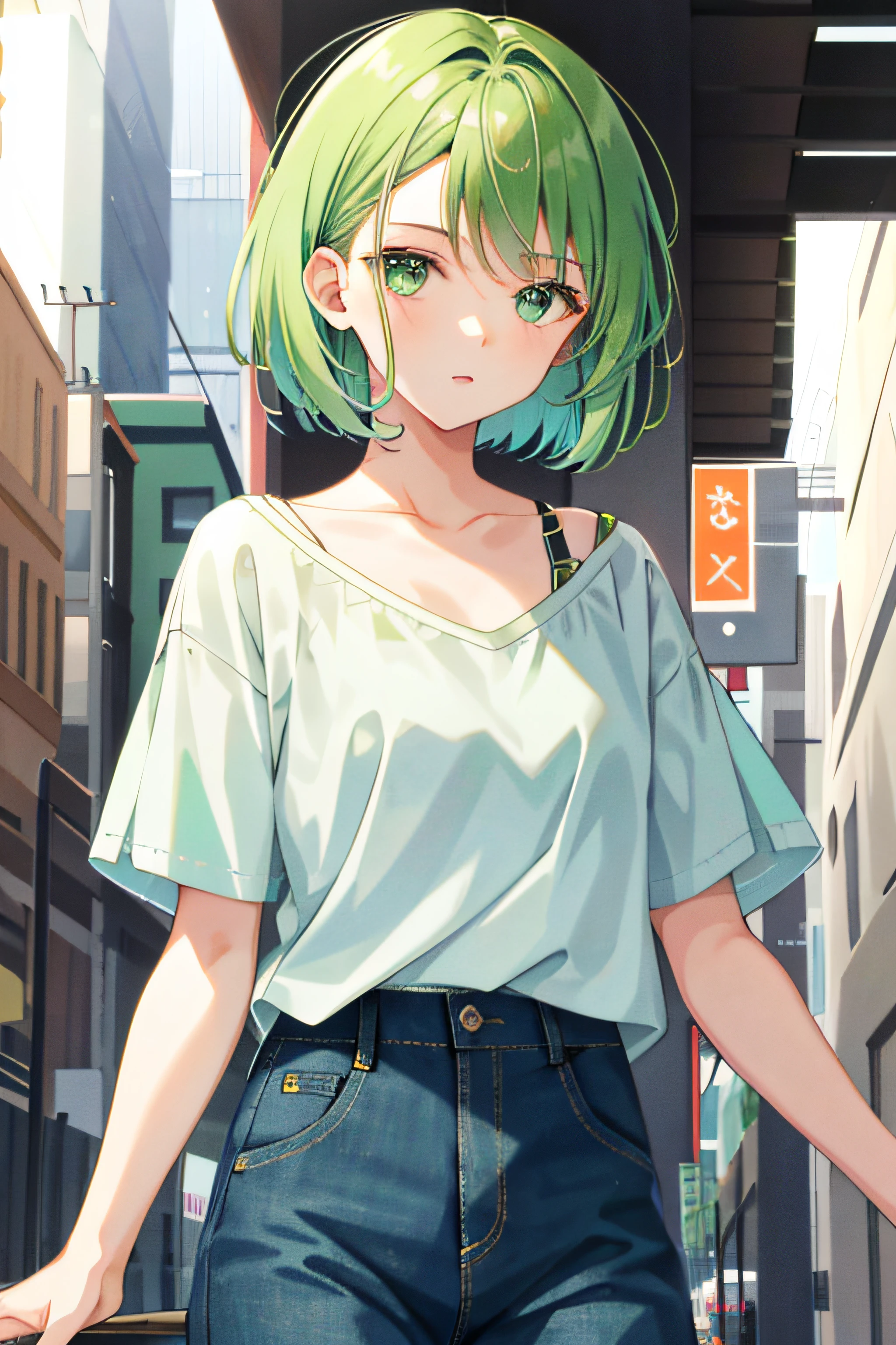 1 girl,Green short bob hair,Green eyes,white short sleeve,denim short,Medium height
