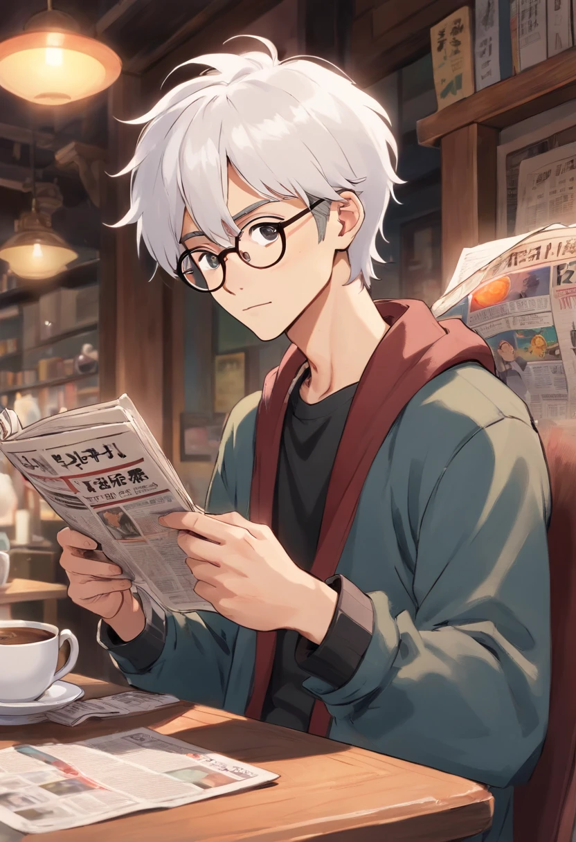 male skinny hipster with white hair and pointed ears, drinking coffee and reading a newspaper, wearing small glasses, soft jawline, femboy, wearing black and white clothing
