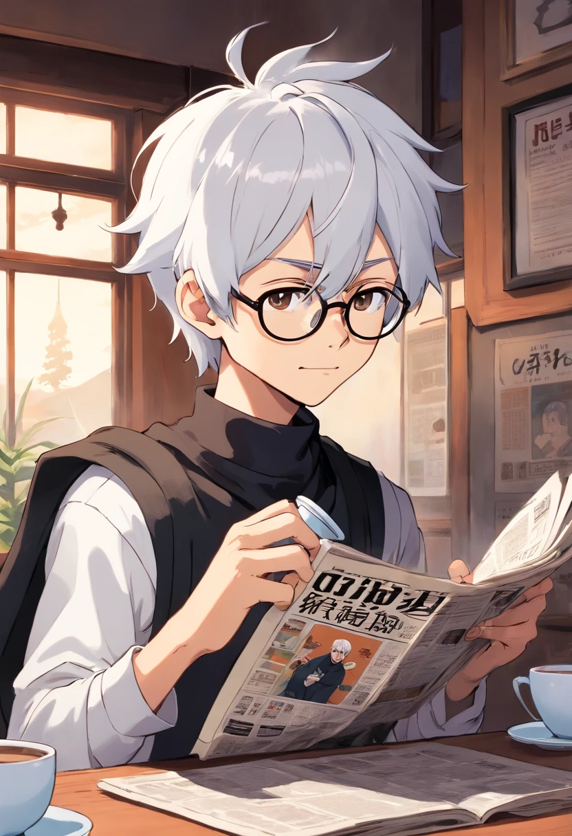 male skinny hipster with white hair and pointed ears, drinking coffee and reading a newspaper, wearing small glasses, soft jawline, femboy, wearing black and white clothing