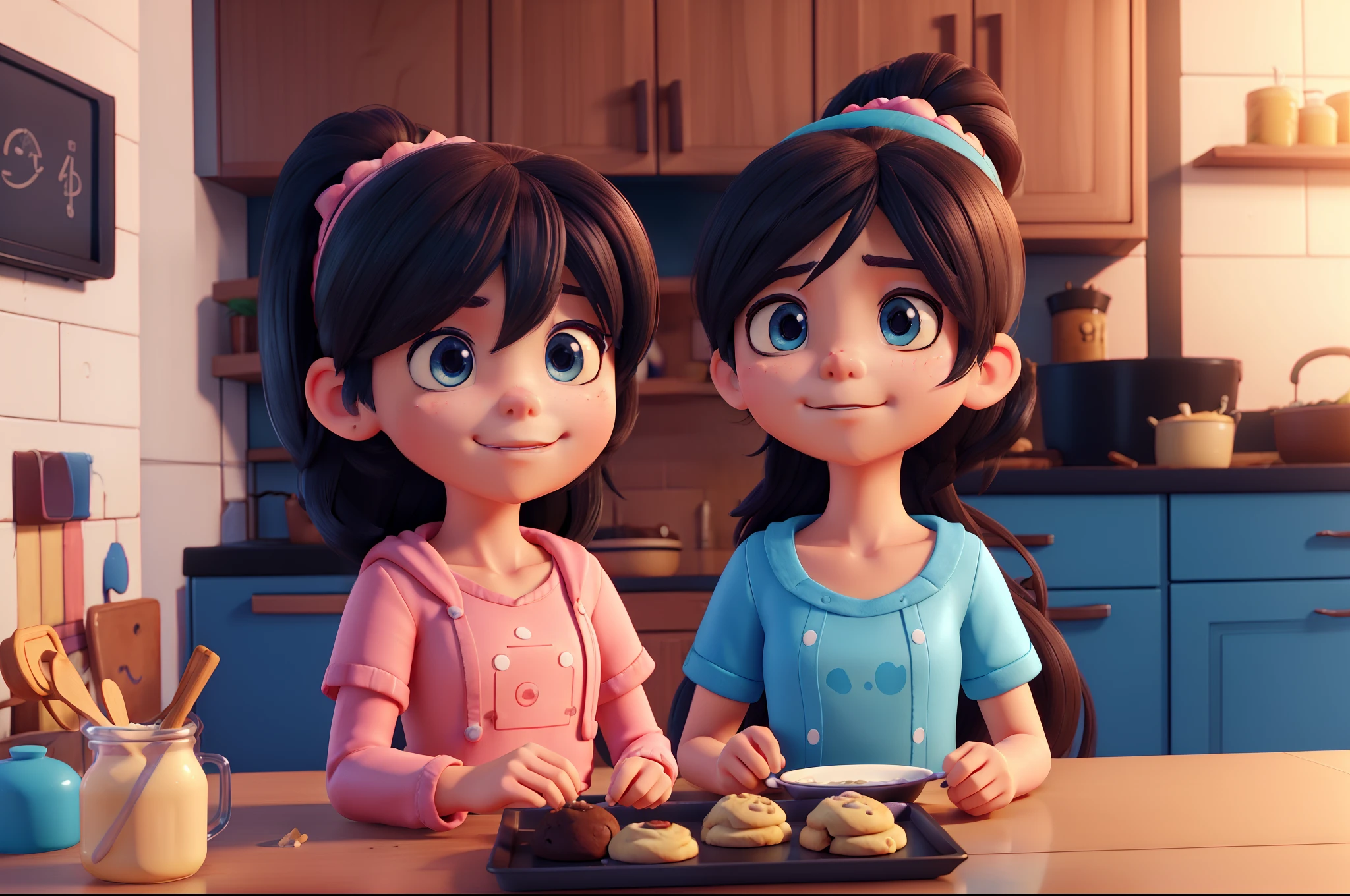 girl baking cookies, cookie tray, small character. Unreal Engine 5, stylized anime, highly detailed character, 3D style anime, realistic 3D anime style, close-up character, stylized 3D, blue face unreal engine, stylized 3D rendering, realistic 3D character, stylized character, rendered in unreal engine
