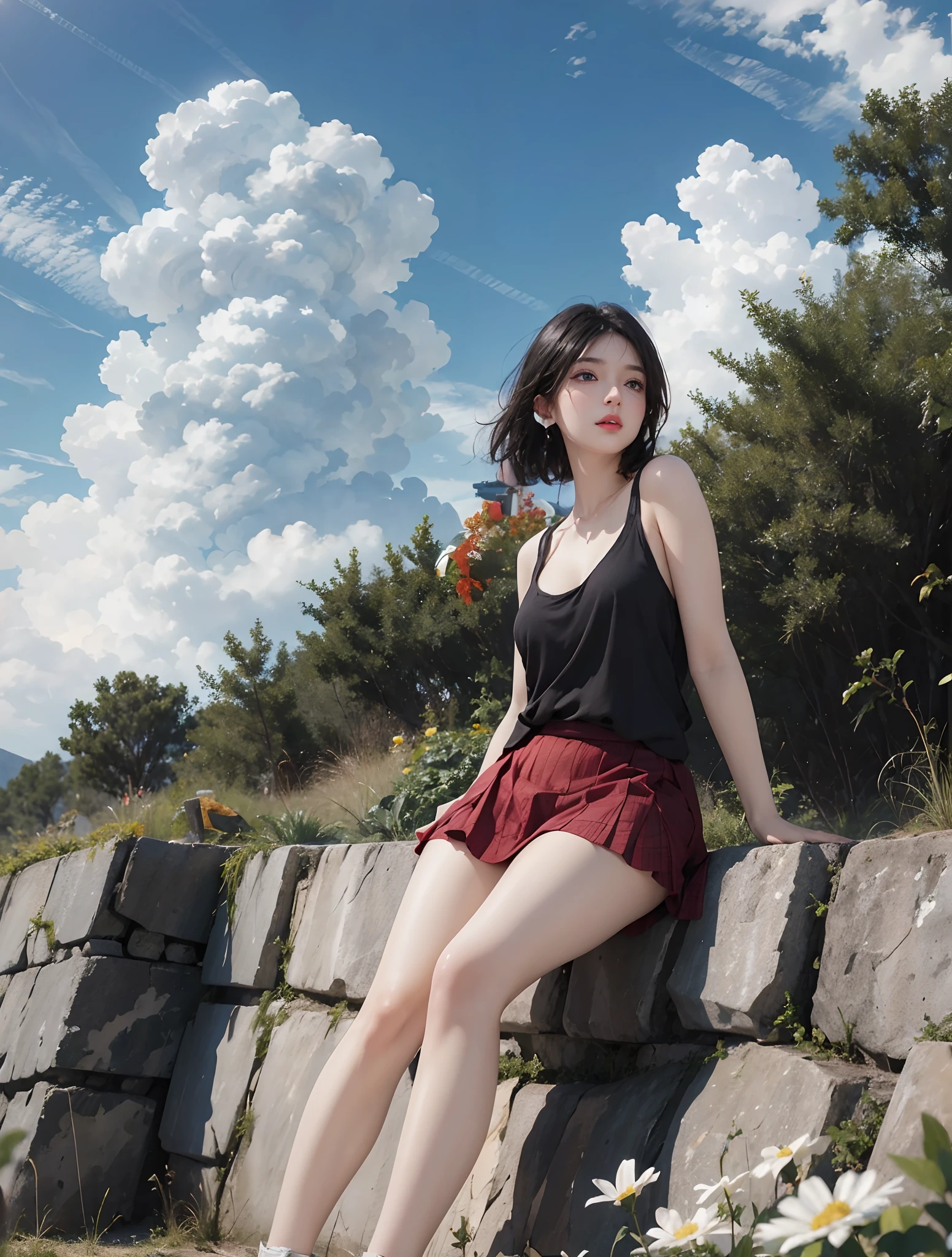 photorealistic, high resolution, 1 women, solo, hips up, look at viewer, (detailed face), black hair, short hair, innocent blue eyes, super detailed face, 8k ultra detailed, skirt, tangtop