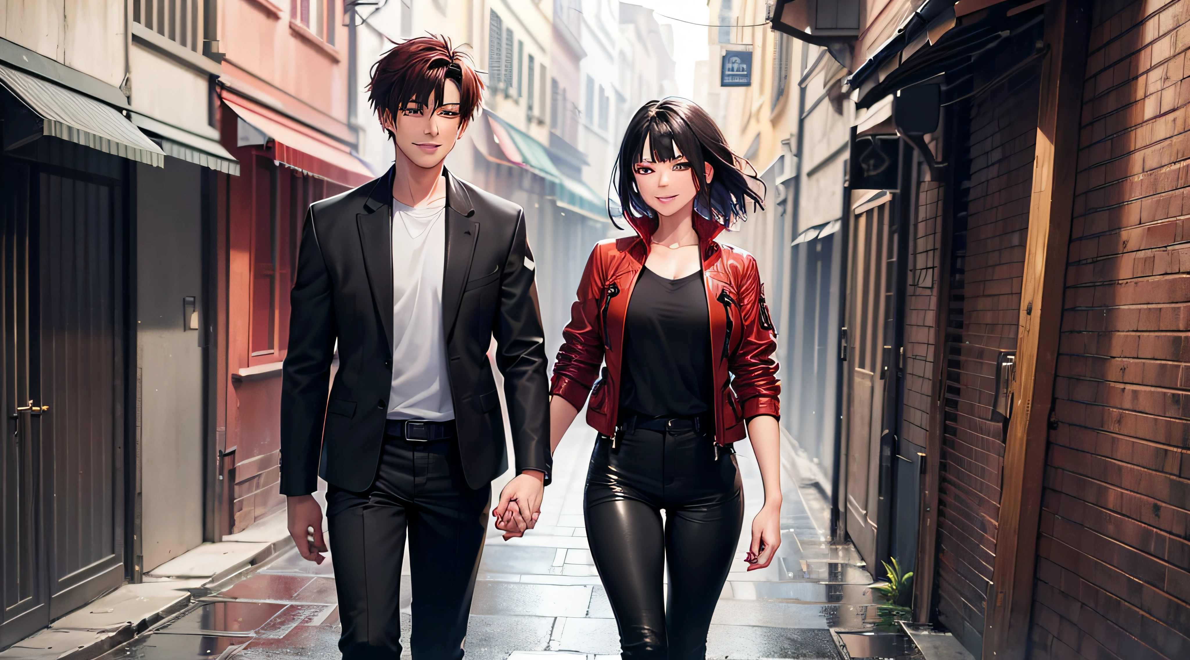 8k, masterpiece, extreme detail, expressive background, expressive clothing, 2characters, couples, ((1male, red short hair, brown eyes, jacket, black pants, smiling)), ((1female, long straight black hair, black pants, gray eyes, smiling)), back alley streets, rainy, head to waist view