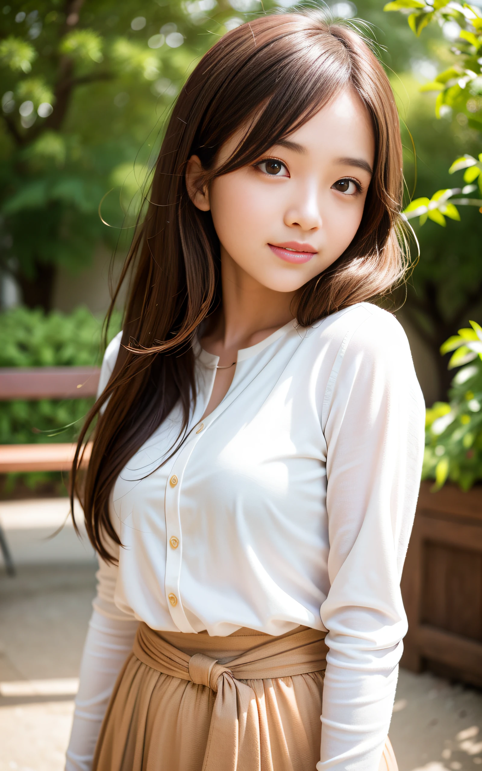 Mature Young,Cool white linen shirt,Erotic style,very cute,whole body,Beautiful and soft skin、Perfect Face、Perfect Face,Gorgeous long brown hair,8K resolution,Ultra-realistic,Very detailed,high quality,Fashionable erotic beautiful immature woman ,(Look at the viewers)