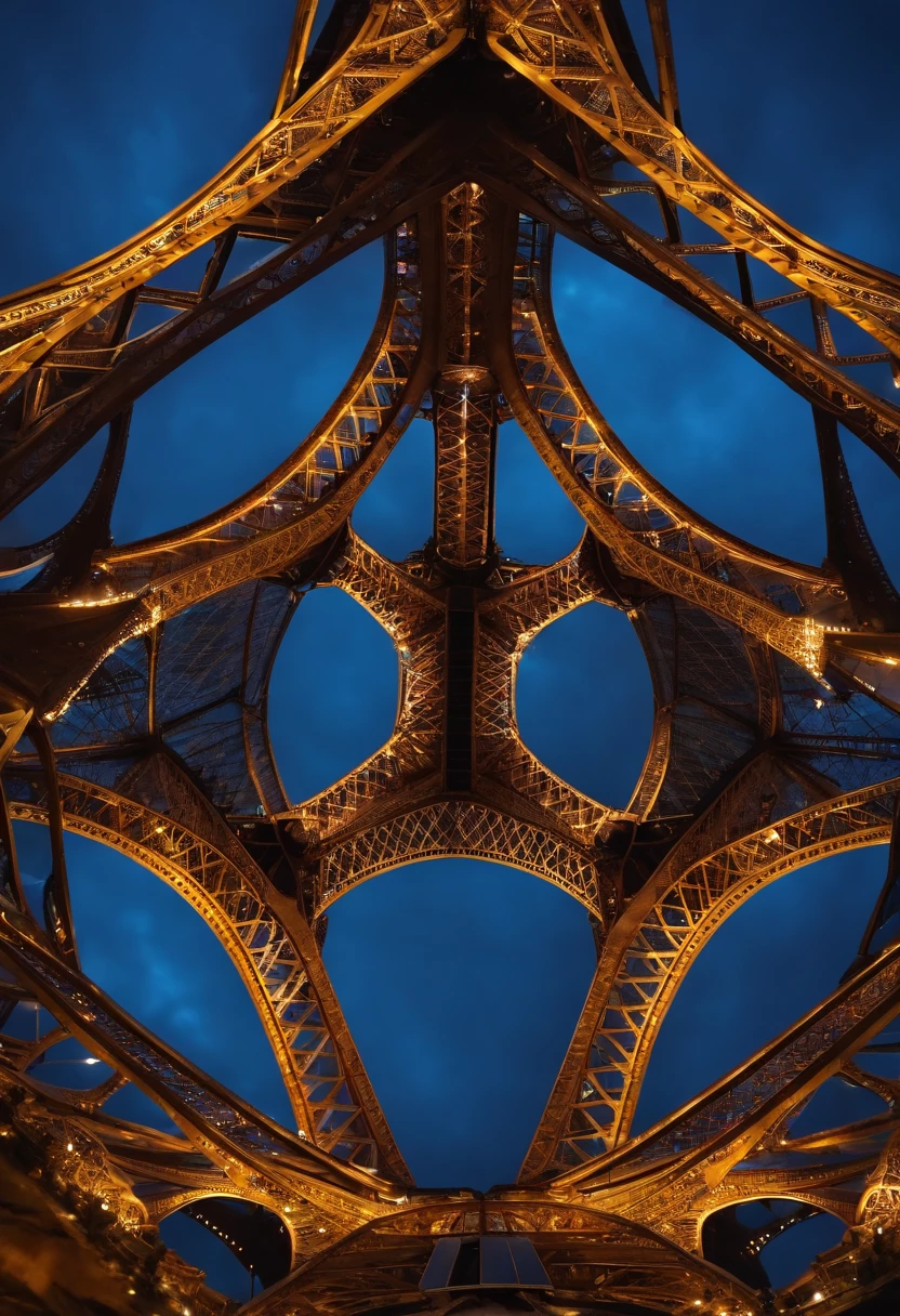 Close-up of the top of the Eiffel tower taken from a bird perspective