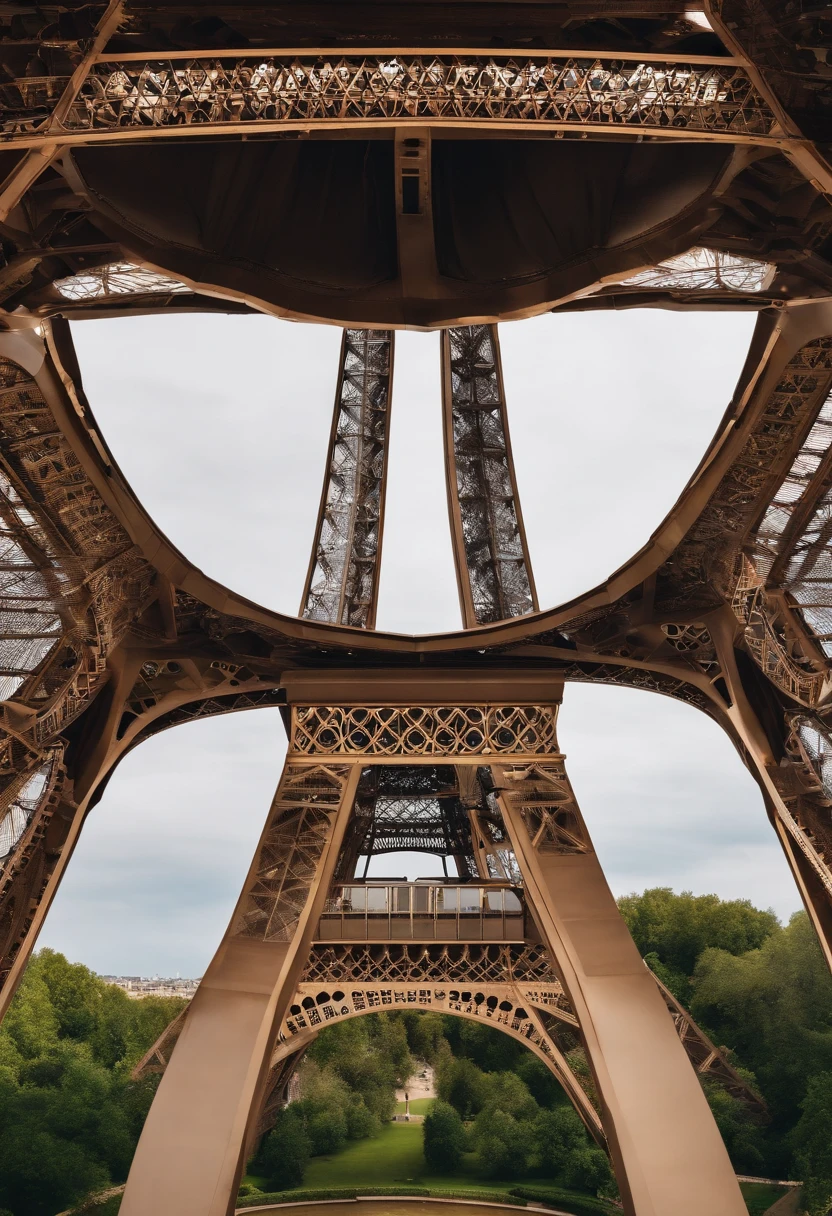 Close-up of the top of the Eiffel tower taken from a bird perspective