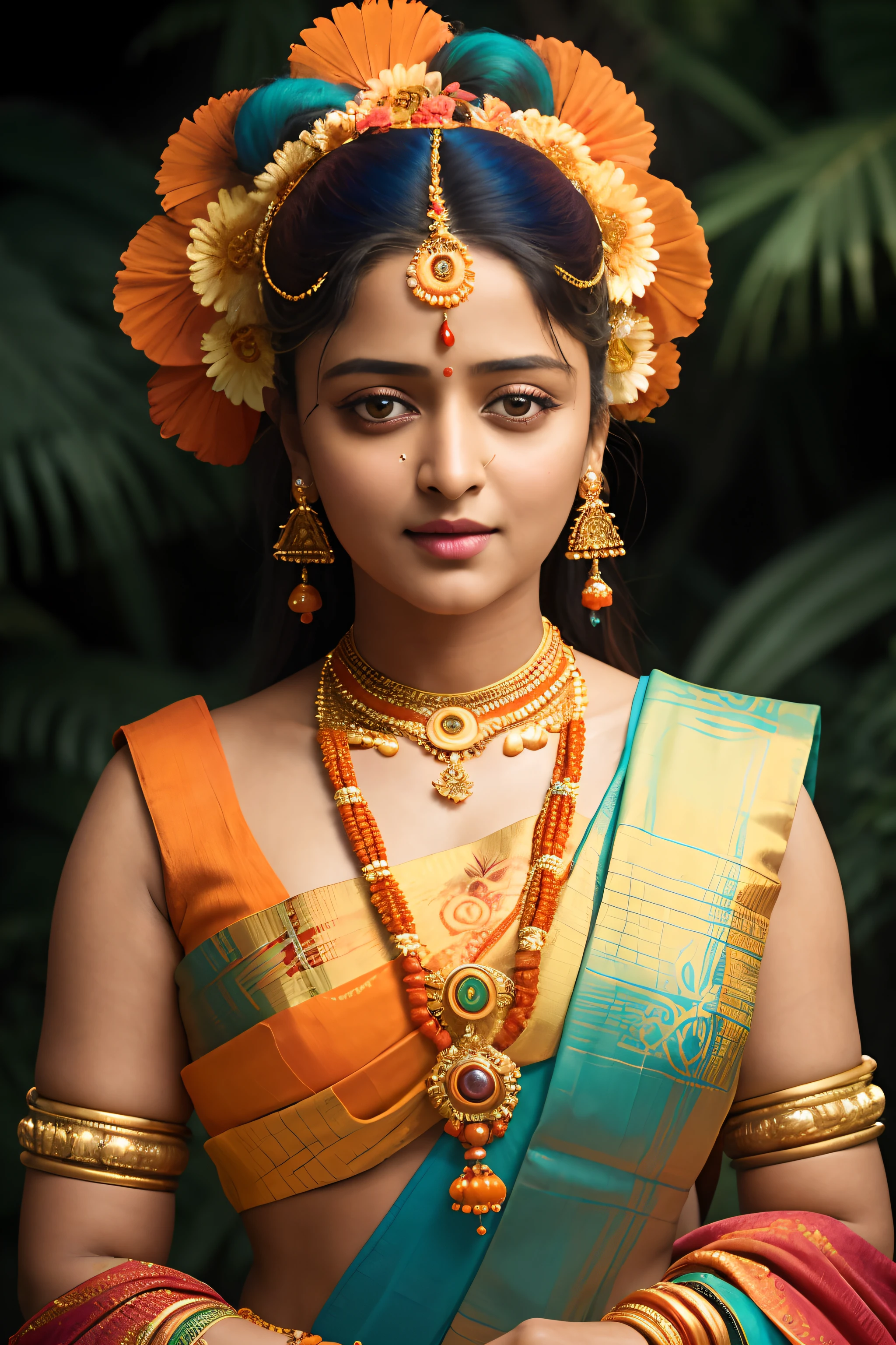 Looks like Anushka Shetty, a close up of a woman in a colorful dress with a flower in her hair, extremely gorgeous woman, matchless beauty, queen, very beautiful enga style, with colourful intricate, candid shot, traditional beauty, candid picture, orange details, wearing intricate, candid portrait photo, with kerala motifs, wearing an elegant tribal outfit, orange and turquoise, orange and teal color, * colour splash *, traditional, stunning visual,
