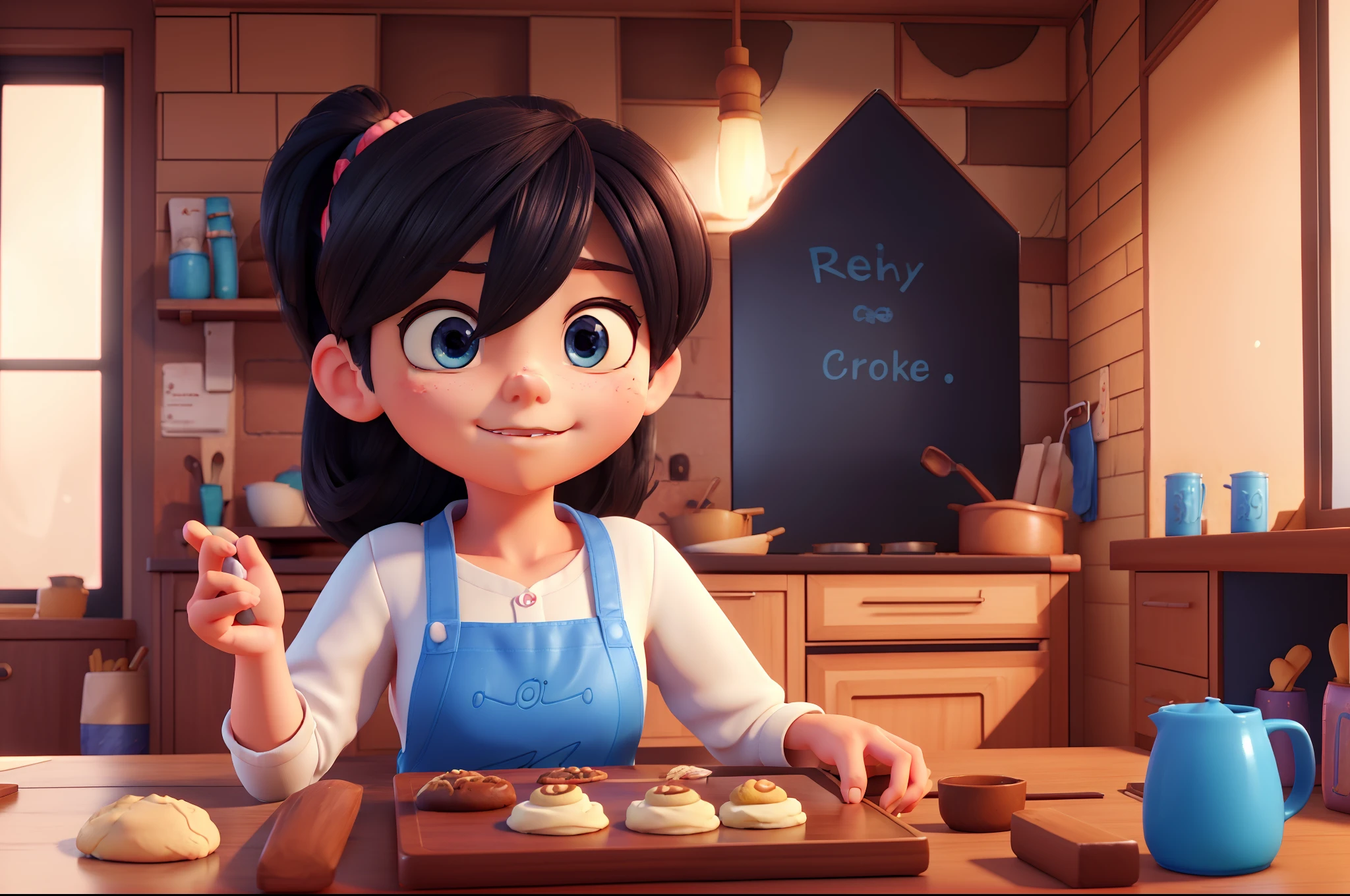 girl baking cookies, cookie tray, small character. Unreal Engine 5, stylized anime, highly detailed character, 3D style anime, realistic 3D anime style, close-up character, stylized 3D, blue face unreal engine, stylized 3D rendering, realistic 3D character, stylized character, rendered in unreal engine