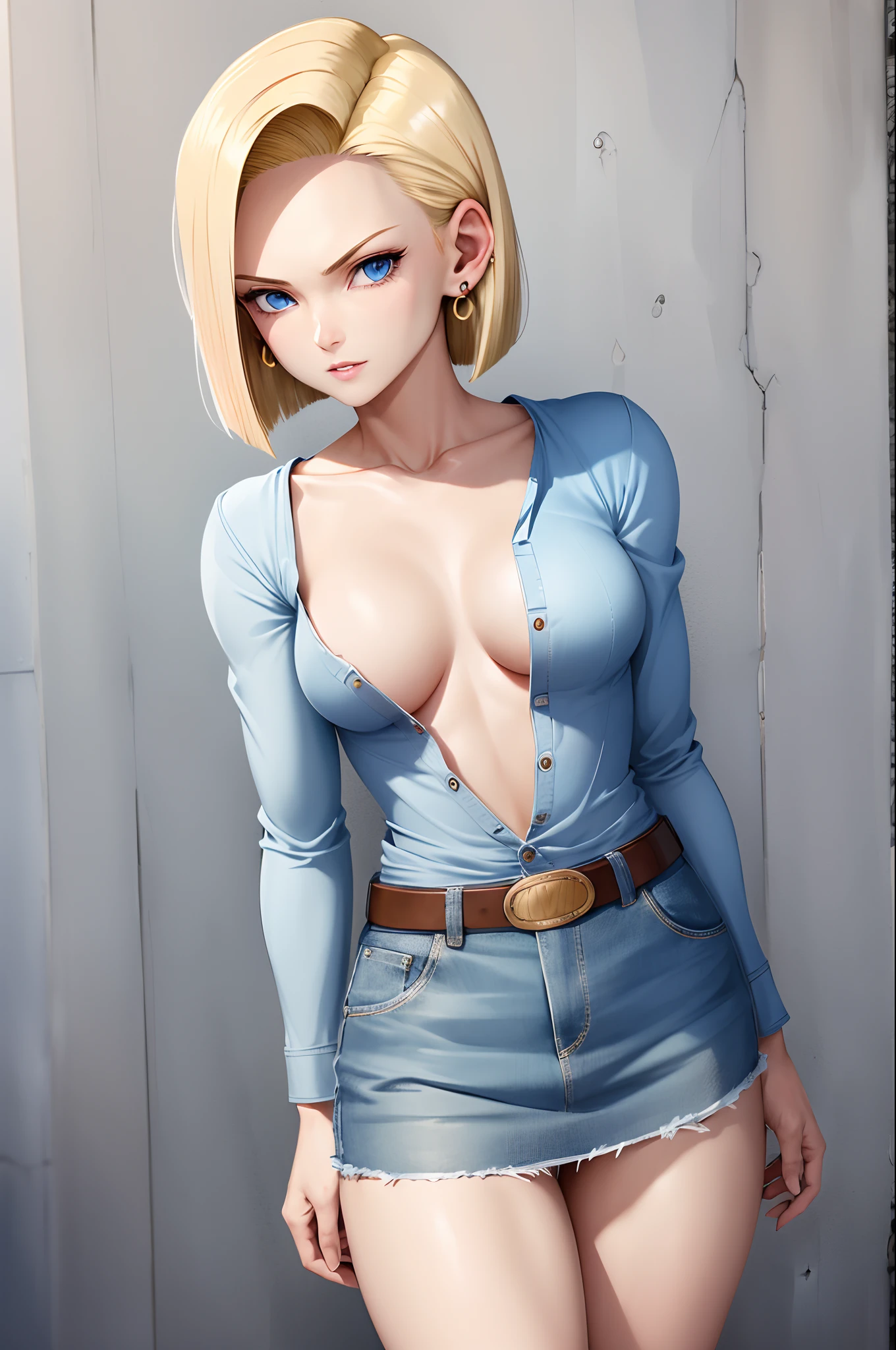 best quality, highres, and18, 1girl, android 18, solo, blonde hair, blue eyes, short hair, earrings, jewelry, medium breasts, cowboy shot, street,