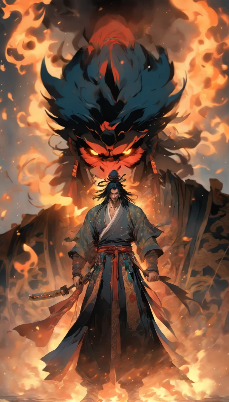 middle aged man, Evil painting style, A high resolution, Black color hair, Half of the demon body and half of the demon face, Chinese Warrior, Delicate three-dimensional blue flame demon face, sbeard, Wearing a hat, Expression of anger, Perfect body proportions, kaftan, Black and white robes, A scabbard hangs from his waist, Handsome, Full body view, standing on your feet, (White background:1.3), swordsman, He held a long wide and heavy knife in his hand, Face the lens, (Blackn clothes:0.8), High detail, Masterpiece, ccurate, Anatomically correct, Textured skin