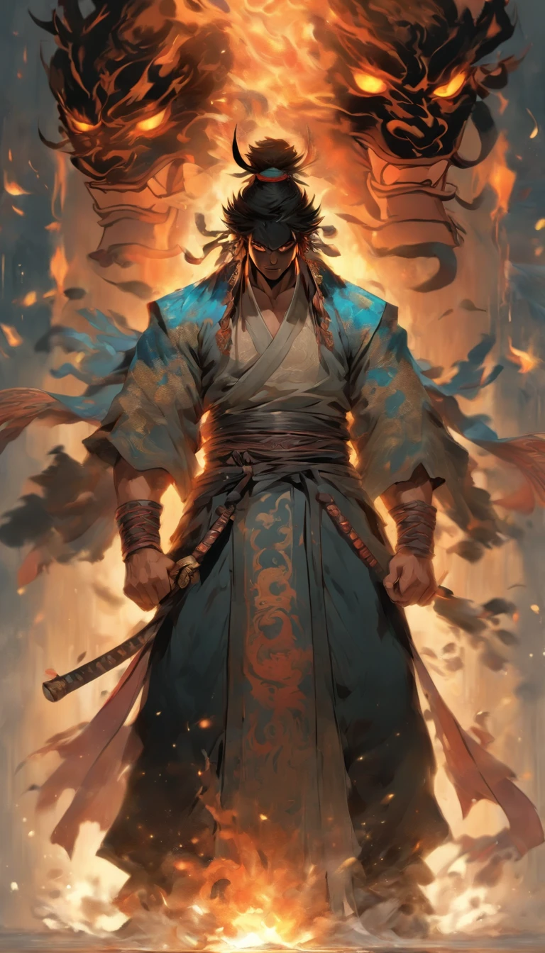middle aged man, Evil painting style, A high resolution, Black color hair, Half of the demon body and half of the demon face, Chinese Warrior, Delicate three-dimensional blue flame demon face, sbeard, Wearing a hat, Expression of anger, Perfect body proportions, kaftan, Black and white robes, A scabbard hangs from his waist, Handsome, Full body view, standing on your feet, （White background：1.3）, swordsman, He held a long wide and heavy knife in his hand, Face the lens, （Blackn clothes：0.8）, High detail, Masterpiece, ccurate, Anatomically correct, Textured skin