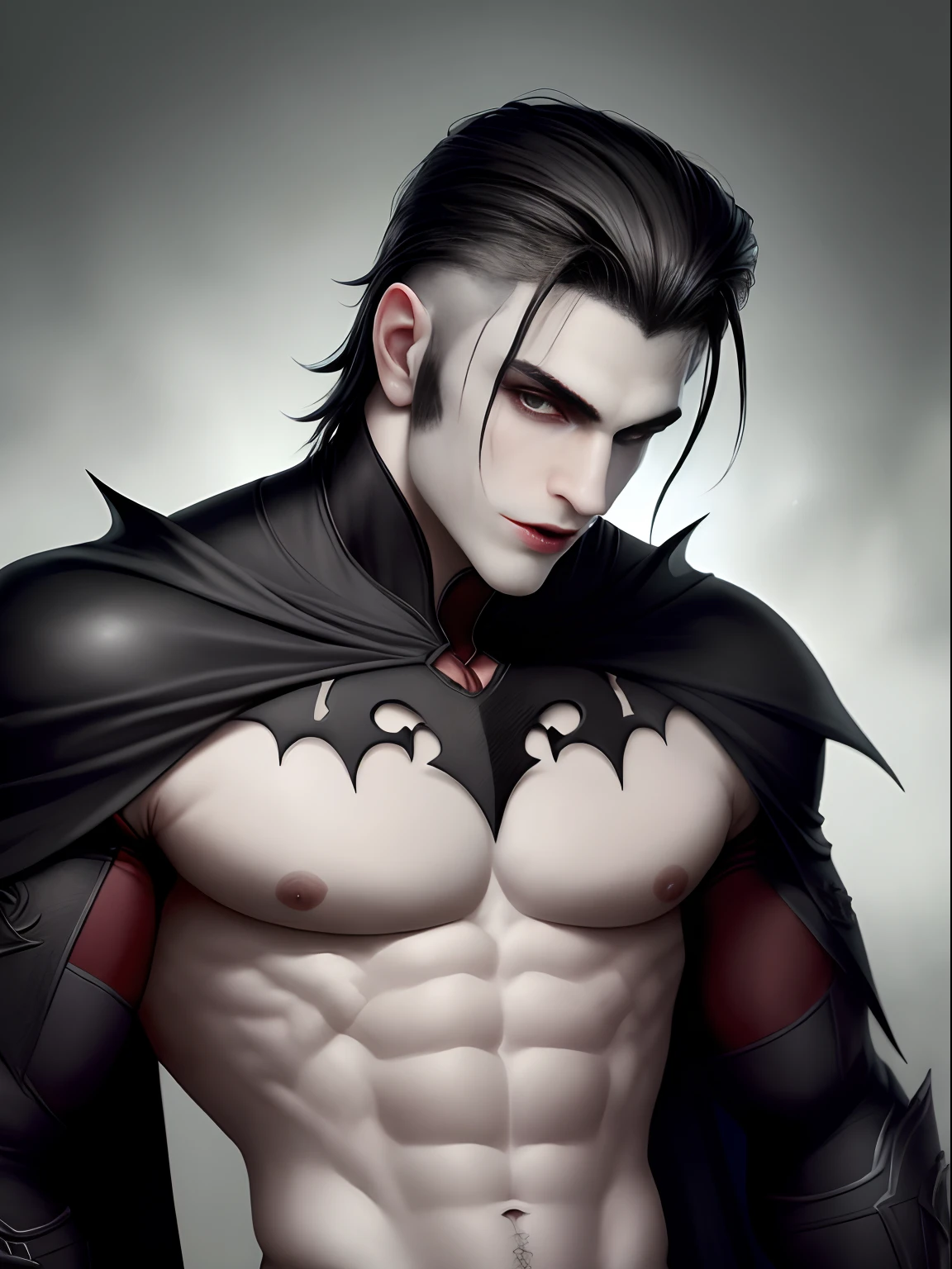 Masterpiece, realistic, Take a photo, 1 boy, A sexy young Roman Catholic priest turns into a red-skinned hot demon., black hair, glowing red eyes, Long black claws on his fingers and large horns, as well as large demon bird wings., He wore a clear white loincloth like plastic., หลุดออกมาจากเสื้อคลุมนักบวชที่ฉีกขาดและฉีกขาดเผยให้เห็นกล้ามabdomenของเขา, abdomen, biceps, Perky shoulders and nipples. A seductive expression on his face., He was surrounded by glowing human skulls., Stained glass window inside Gothic church background
