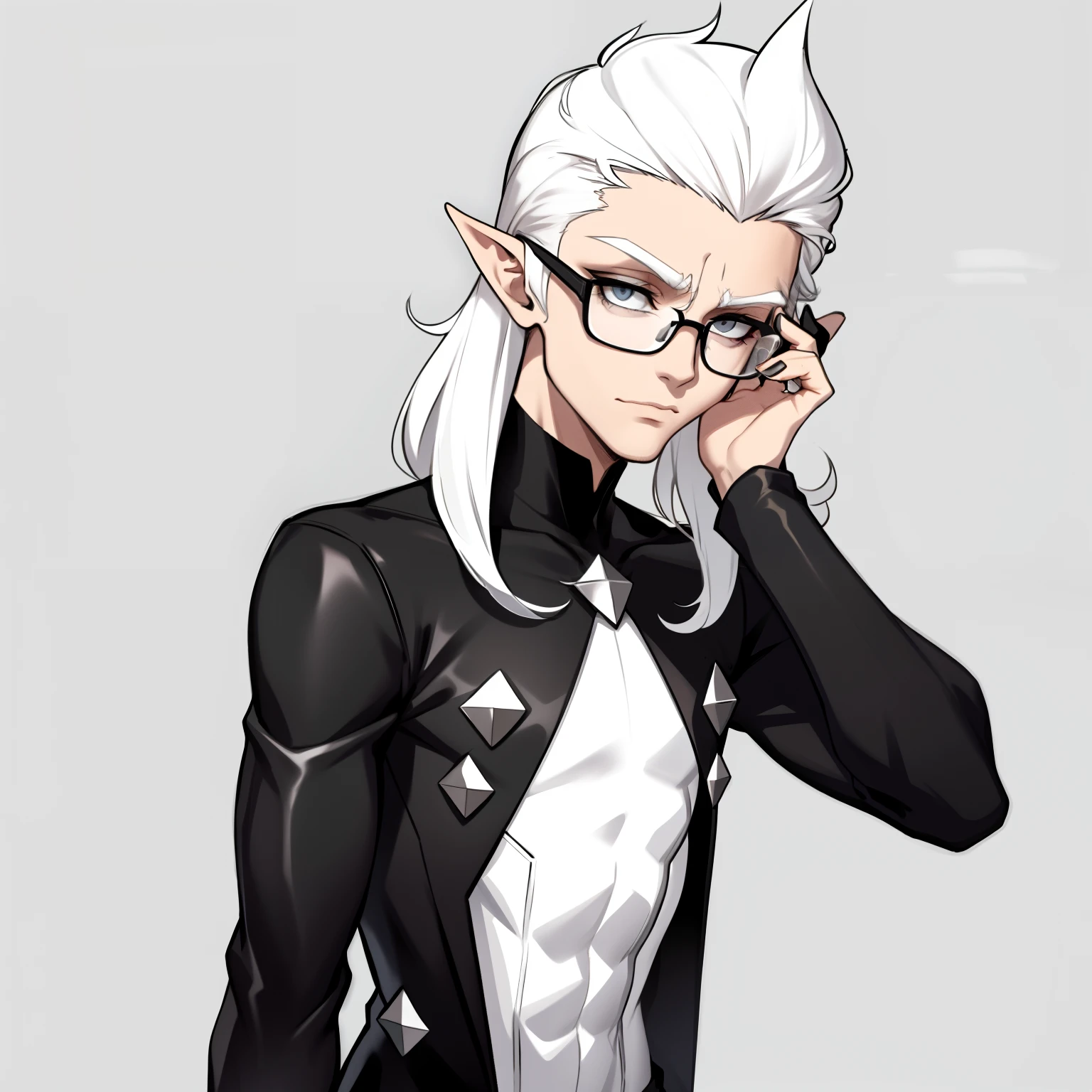 male skinny hipster with white hair and pointed ears, wearing small glasses, soft jawline, femboy, wearing black and white clothing