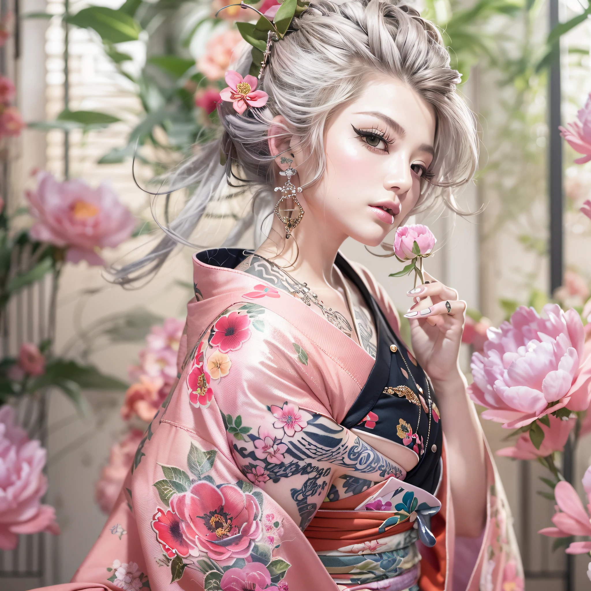 Masterpiece, high resolution,best quality,high definition, perfect composition, perfect face, perfect body, 8K,Cinematic lighting,Pink kimono,Off-Shoulder,large breasts,navel,collarbones,(Full body tattoo),Tattoo peony,(Chewing kissel),(Hairstyle is Yokohyōgo),Numerous glittering cages,Image of Oiran,Silver-haired woman,1人,Where you can see the skin, there is a tattoo,