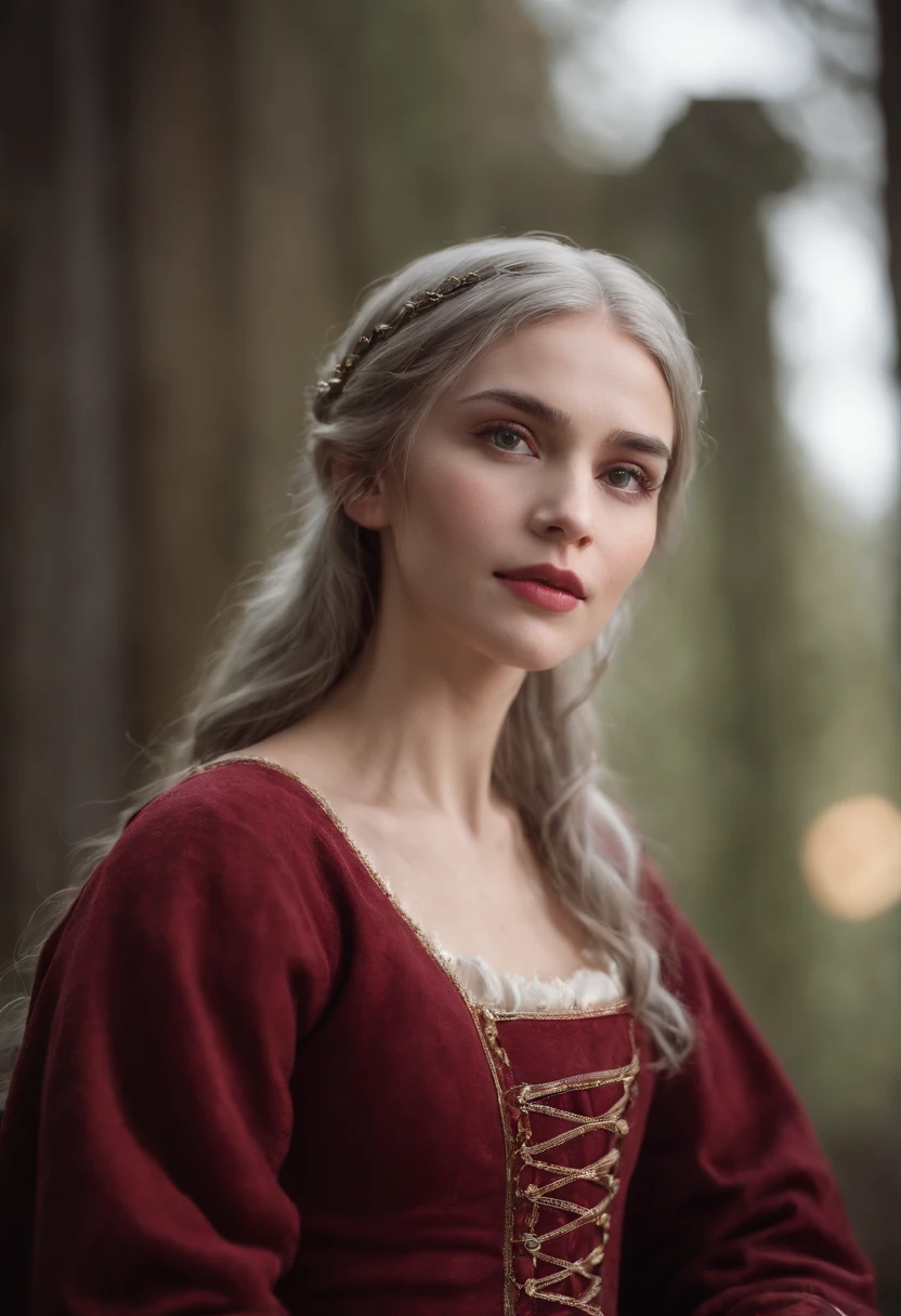 (((A deep red wound streaked across her left cheek))) Fair complexion, A woman around 19 years old, Natural gray hair, Unique green eyes, Wear Cole, Slender and graceful, Beautiful, Candlelight in a medieval setting, super sharp focus, realistic lens, Medieval women's clothing, Four colors (Scar:1.4)