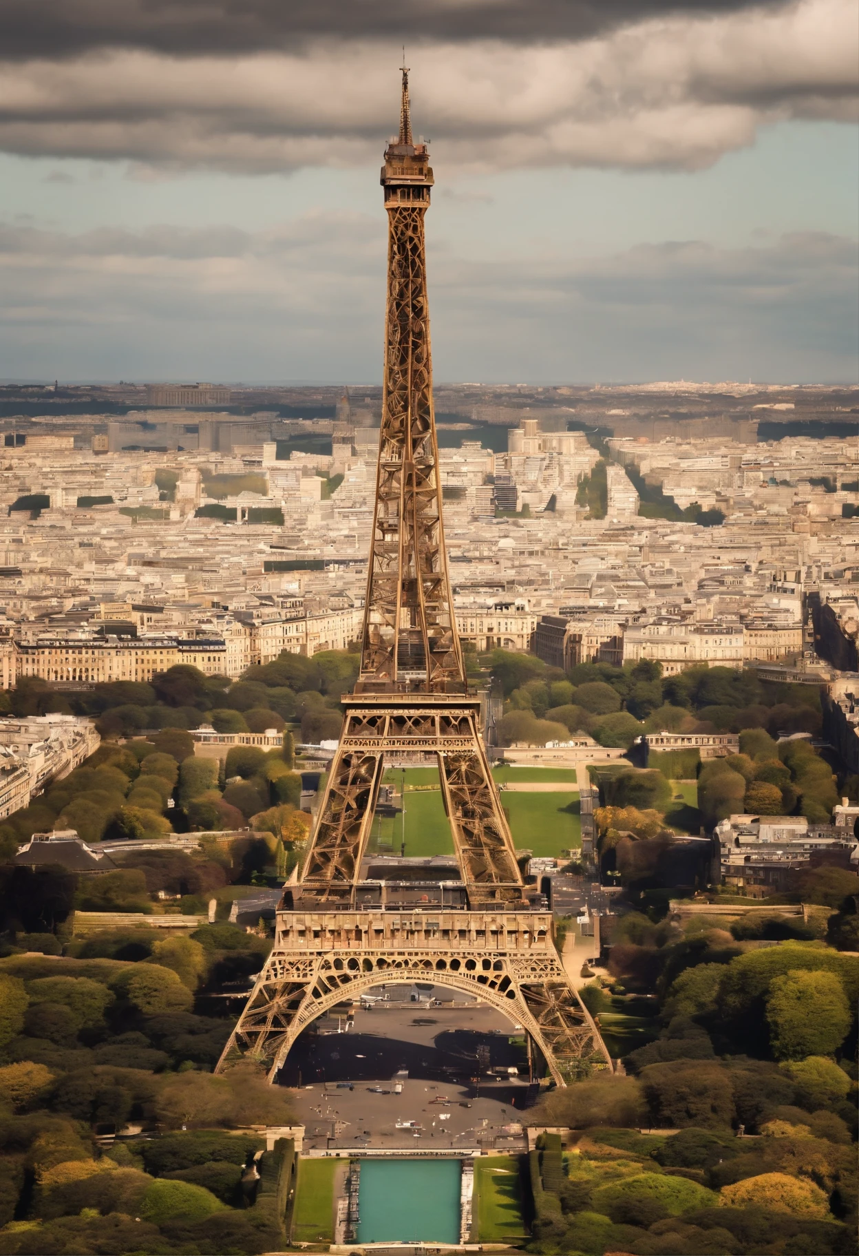 Close-up of the top of the Eiffel tower taken from a bird perspective