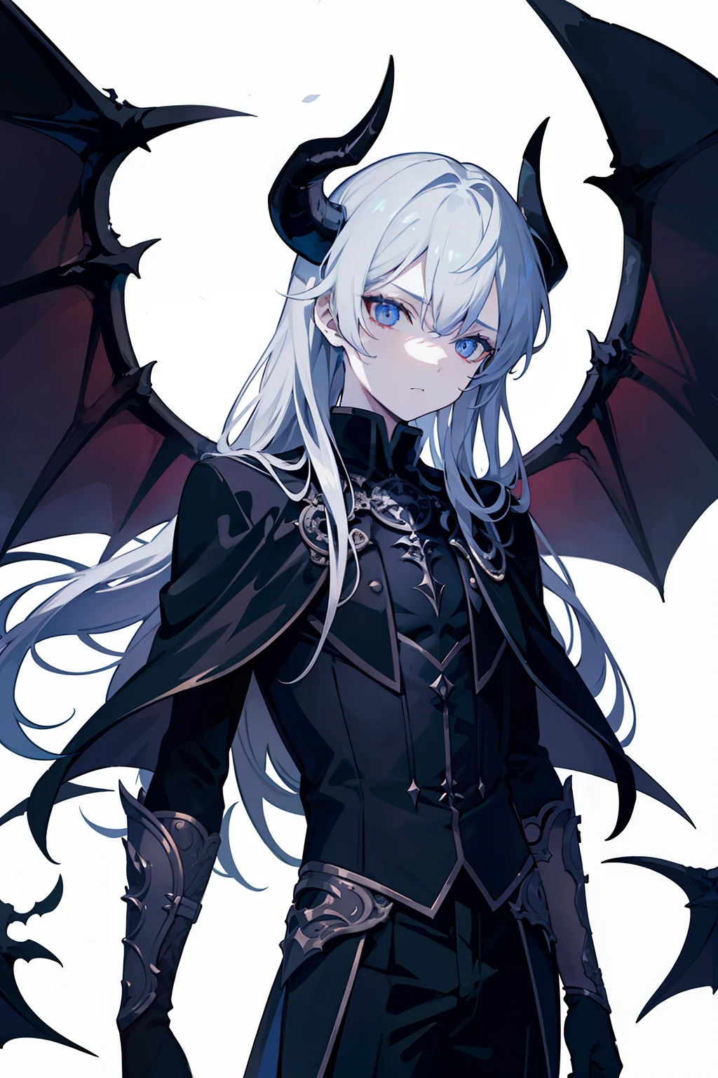 1boy, solo, super fine illustration, an extremely delicate and beautiful, best quality, demon horns, demon wings, youthful, dark and menacing, noble attire, white background, intense gaze, intricate details, otherworldly, fantasy.