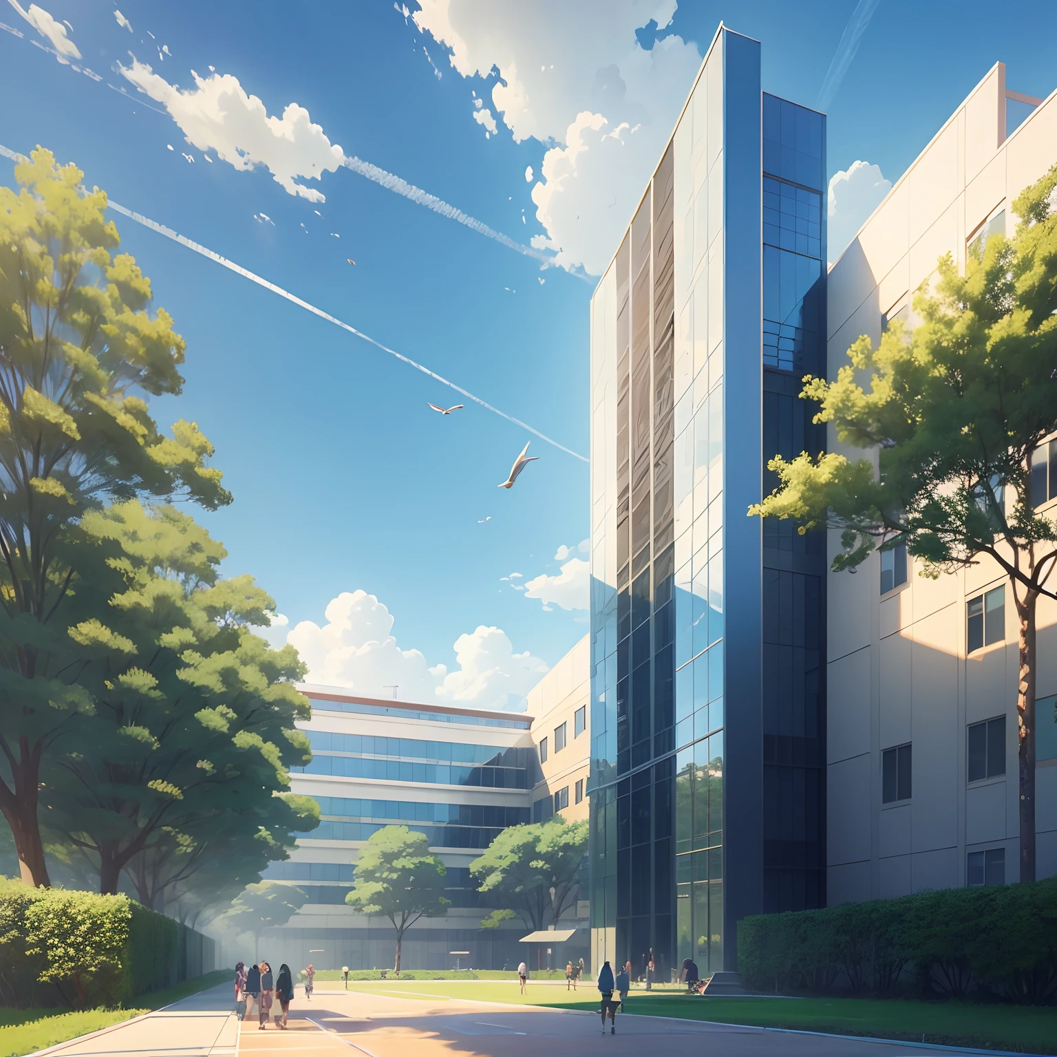 Large perspective teaching building,The glass of the school building reflects sunlight,Green trees,There are several small birds flying in the blue sky,Red runway,People running on the track, Estilo de Makoto Shinkai,Anime illustration style,Children's illustration style