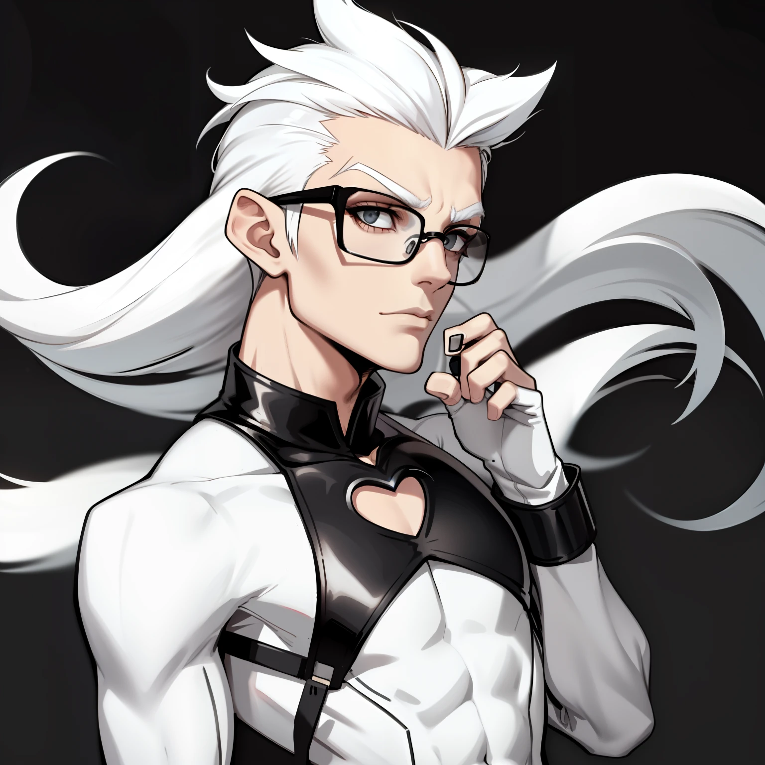 male skinny hipster with white hair and pointed ears, wearing small glasses, soft jawline, femboy, wearing black and white clothing