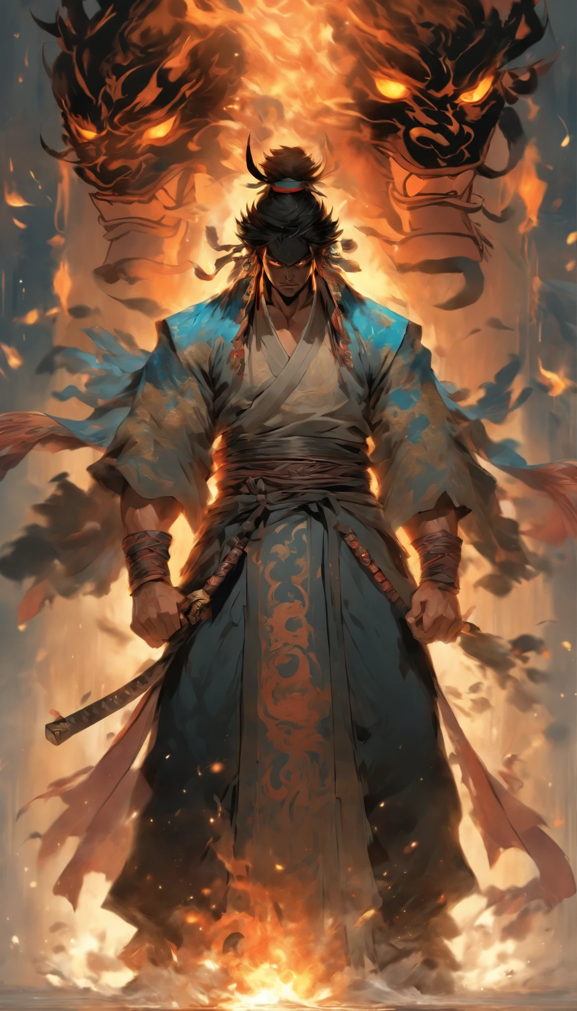 middle aged man, Evil painting style, A high resolution, Black color hair, Half of the demon body and half of the demon face, Chinese Warrior, Delicate three-dimensional blue flame demon face, sbeard, Wearing a hat, Expression of anger, Perfect body proportions, kaftan, Black and white robes, A scabbard hangs from his waist, Handsome, Full body view, standing on your feet, (White background:1.3), swordsman, He held a long wide and heavy knife in his hand, Face the lens, (Blackn clothes:0.8), High detail, Masterpiece, ccurate, Anatomically correct, Textured skin