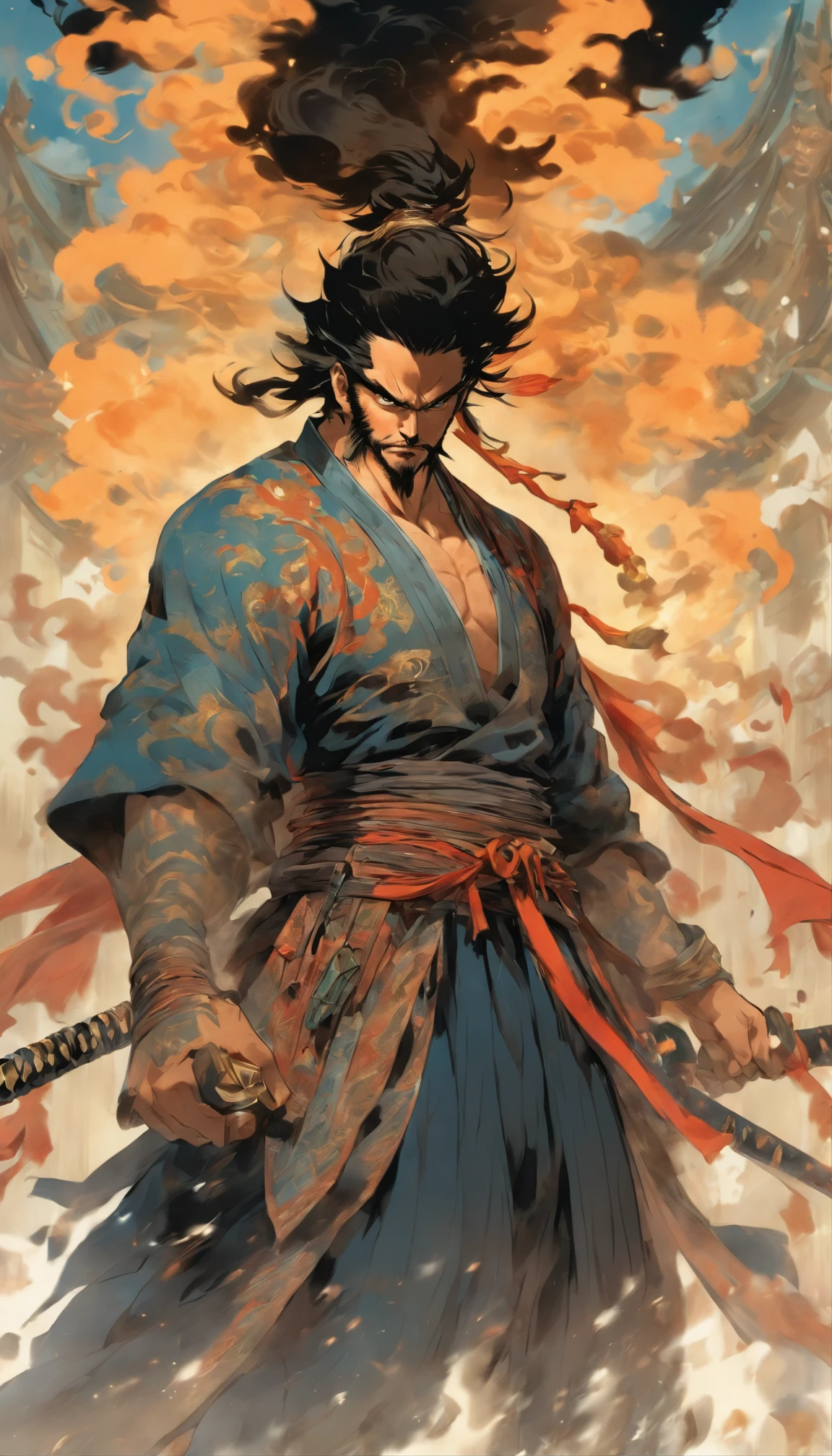 middle aged man, Evil painting style, A high resolution, Black color hair, Half of the demon body and half of the demon face, Chinese Warrior, Delicate three-dimensional blue flame demon face, sbeard, Wearing a hat, Expression of anger, Perfect body proportions, kaftan, Black and white robes, A scabbard hangs from his waist, Handsome, Full body view, standing on your feet, (White background:1.3), swordsman, He held a long wide and heavy knife in his hand, Face the lens, (Blackn clothes:0.8), High detail, Masterpiece, ccurate, Anatomically correct, Textured skin