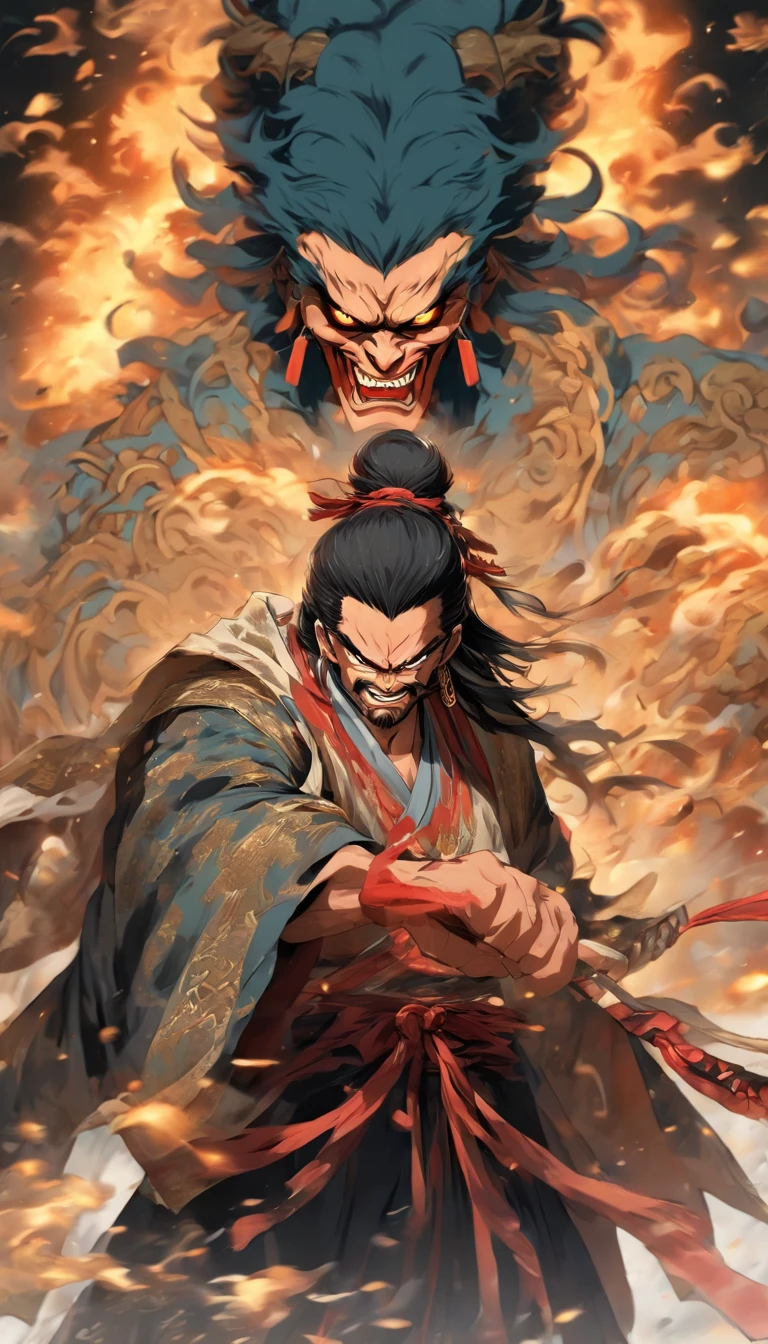 middle aged man, Evil painting style, A high resolution, Black color hair, Half are demon bodies,Half of it is demon noodles, Chinese Warrior, Delicate three-dimensional blue flame demon face, sbeard, Wearing a hat, Expression of anger, Perfect body proportions, kaftan, Black and white robes, A scabbard hangs from his waist, Handsome, Full body view, standing on your feet, (White background:1.3), swordsman, He held a long knife that was wide and heavy in his hand, Face the lens, (Blackn clothes:0.8), High detail, Masterpiece, ccurate, Anatomically correct, Textured skin