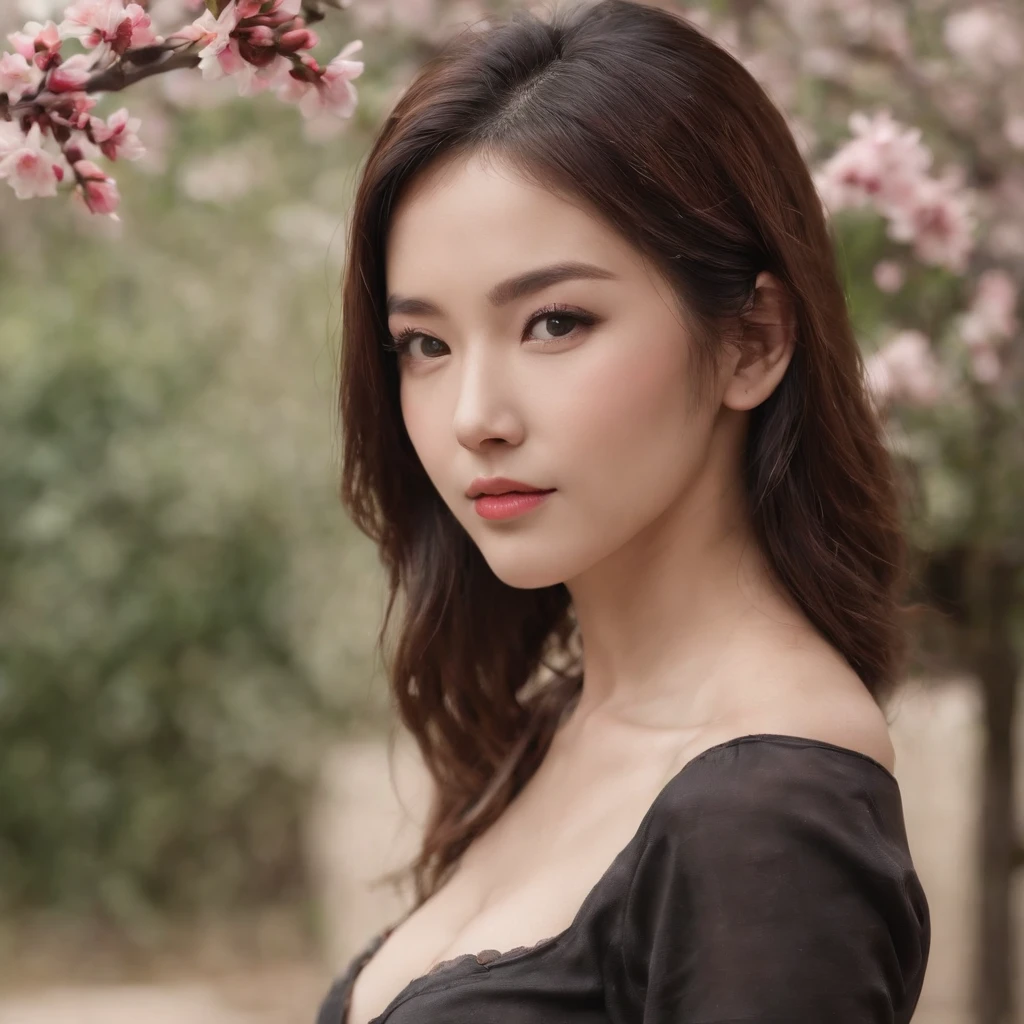 cabelos preto e longos、Peach blossom eyes,Anterior convex and posterior、Hot figure,Wear miniskirts,Seductive beauty with hands between her legs