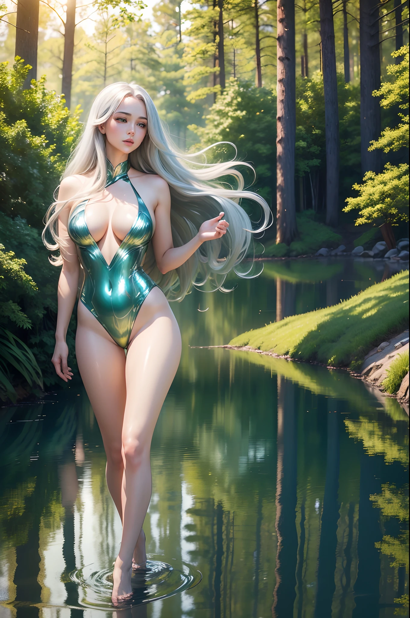 (best quality,4k,8k,highres,masterpiece:1.2),ultra-detailed,(realistic,photorealistic,photo-realistic:1.37),professional,vivid colors,standing by a beautiful and serene lake. The neko suit she is wearing has a shiny and glossy texture, with intricate patterns and a slightly translucent material that accentuates her body curves. Her long silver hair is flowing gracefully in the wind, adding a sense of elegance to her overall appearance. Her mesmerizing green eyes sparkle with a hint of mischief, and her lips are plump and inviting. The scene is bathed in warm golden sunlight, casting soft shadows on the grassy landscape and creating a peaceful atmosphere. The water in the lake is crystal clear, reflecting the surrounding trees and sky like a mirror. The whole image feels like a moment frozen in time, capturing the beauty and sensuality of the woman in the neko suit amidst the tranquil nature.