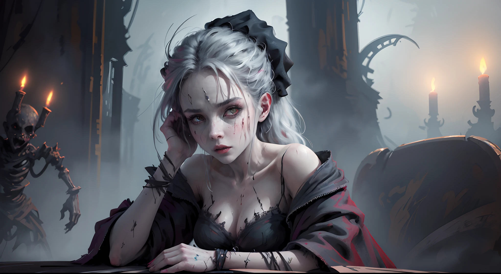 A very pal humanoid character, aux yeux rouges, Elle est folle, Noix, horreur, Elle est effrayante, Elle est effrayante, Valeur de choc, very diabolical, Elle est maigre, evoke, Peur, terreur, terreur, pourrir, disgust, elle est psychopathe, Sombre, Exceptionnellement mince, mince, Scraggly, emaciated, tordu, effrayant, Malade, Background ruins, castle, Blanc long_robe, gore, sanglant_mains, seulement, corps entier, (messy_long_Sombre_cheveux), Bosseler, Mauvais yeux, les yeux brillants, fire in the background, (She wears a very dirty old torn_blanc_robe), psychopathe, Leaning on a sofa,