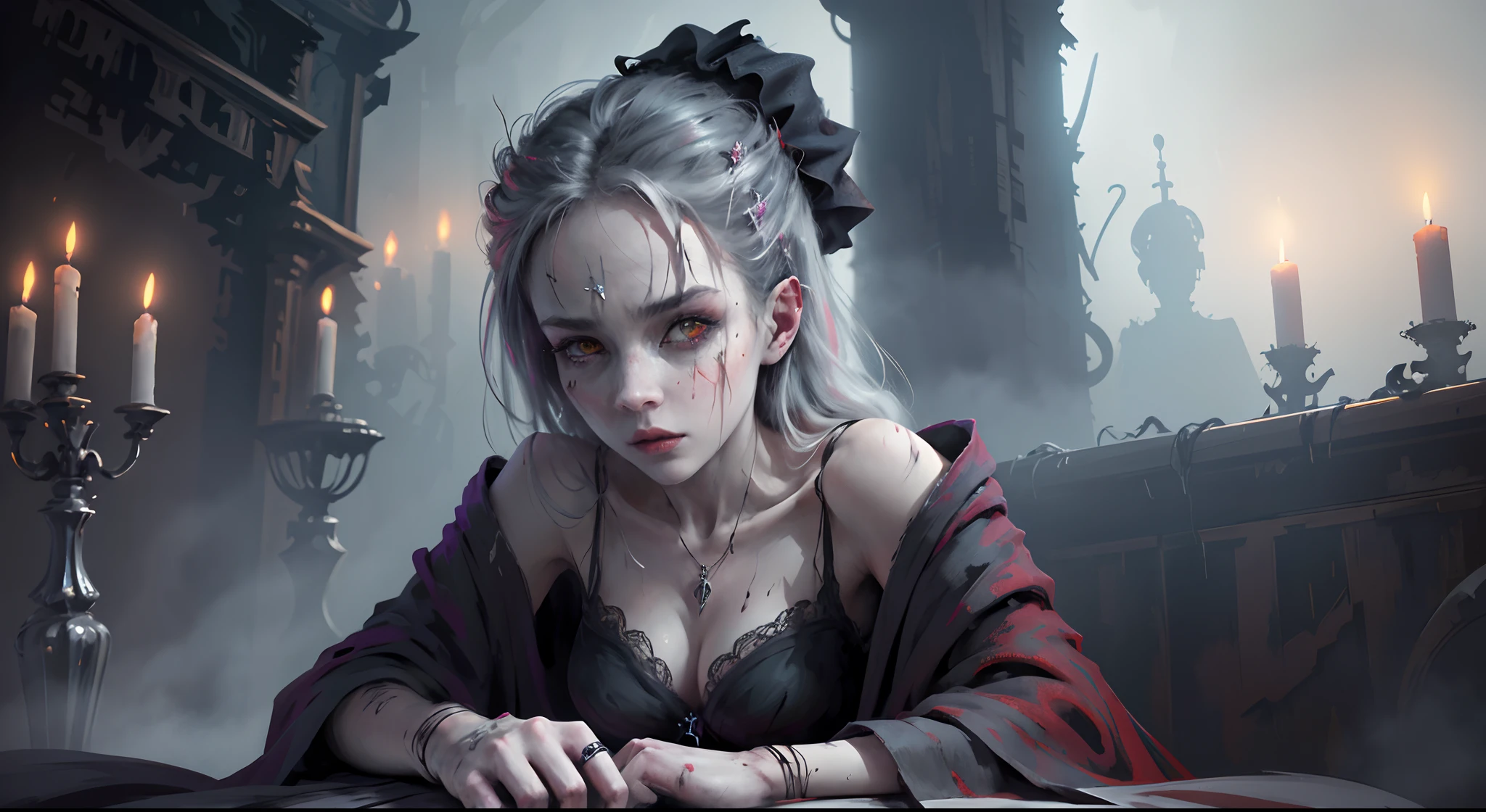 A very pal humanoid character, aux yeux rouges, Elle est folle, Noix, horreur, Elle est effrayante, Elle est effrayante, Valeur de choc, very diabolical, Elle est maigre, evoke, Peur, terreur, terreur, pourrir, disgust, elle est psychopathe, Sombre, Exceptionnellement mince, mince, Scraggly, emaciated, tordu, effrayant, Malade, Background ruins, castle, Blanc long_robe, gore, sanglant_mains, seulement, corps entier, (messy_long_Sombre_cheveux), Bosseler, Mauvais yeux, les yeux brillants, fire in the background, (She wears a very dirty old torn_blanc_robe), psychopathe, Leaning on a sofa,