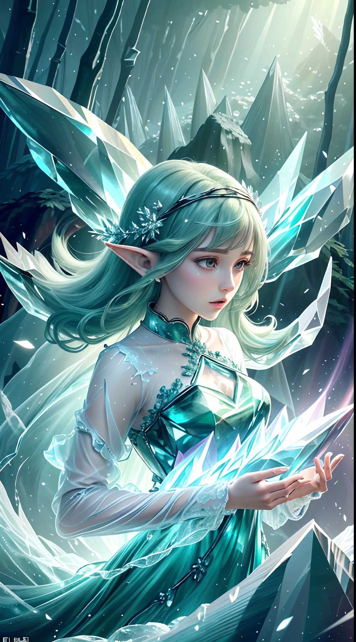 (Masterpiece, Top Quality, Best, Official Art, Beautiful and Aesthetic, Long Exposure: 1.2), Smooth Movement, Charming Patterns, 1 Girl, (Long Dress with Sleeves: 1.3), (((Green Clothes) )), upper body close-up, bare shoulders, Chinese girl, blush, black lob hair, portrait, solo, upper body, looking at the observer, detailed background, detailed face, (crystallineAI, crystalline theme:1.1), elemental wood elf, rotation foliage, control foliage, emerald clothing, dynamic pose, floating particles, ethereal dynamics, foliage, vapor, forest in the background, green tint, forest, ethereal atmosphere,
