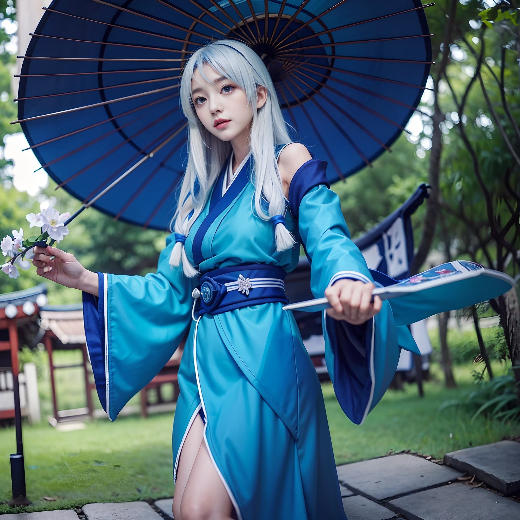 1girl, kagura, masterpiece, high quality, 2K, Japanese girl, Japanese clothes, blue clothes, blue kimono, long hair, white hair, umbrella,(sitting)