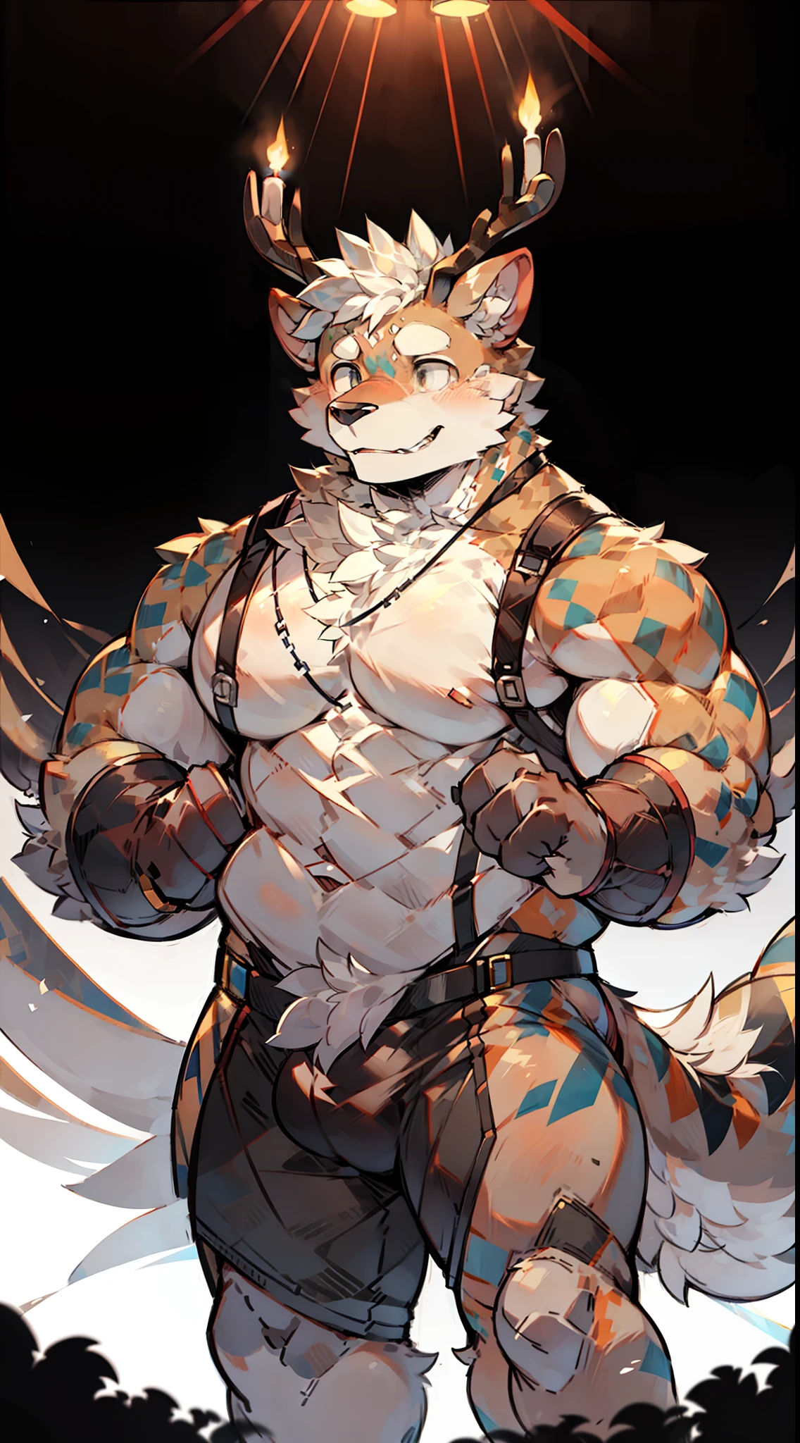 Mature male,stag,Anthropomorphic stag,Middle-aged orcs,Huge antlers,harness,,Landing at three o'clock,Well-developed muscles,vast pecs,broad shoulder,Thick-breasted,Huge crotch bulge,Bare upper body,Thigh-toe unobstructed,Indecent expressions,High- sharpness,High picture quality,Complicated details,the complex background,tmasterpiece,full bodyesbian,in a panoramic view,facing to audience