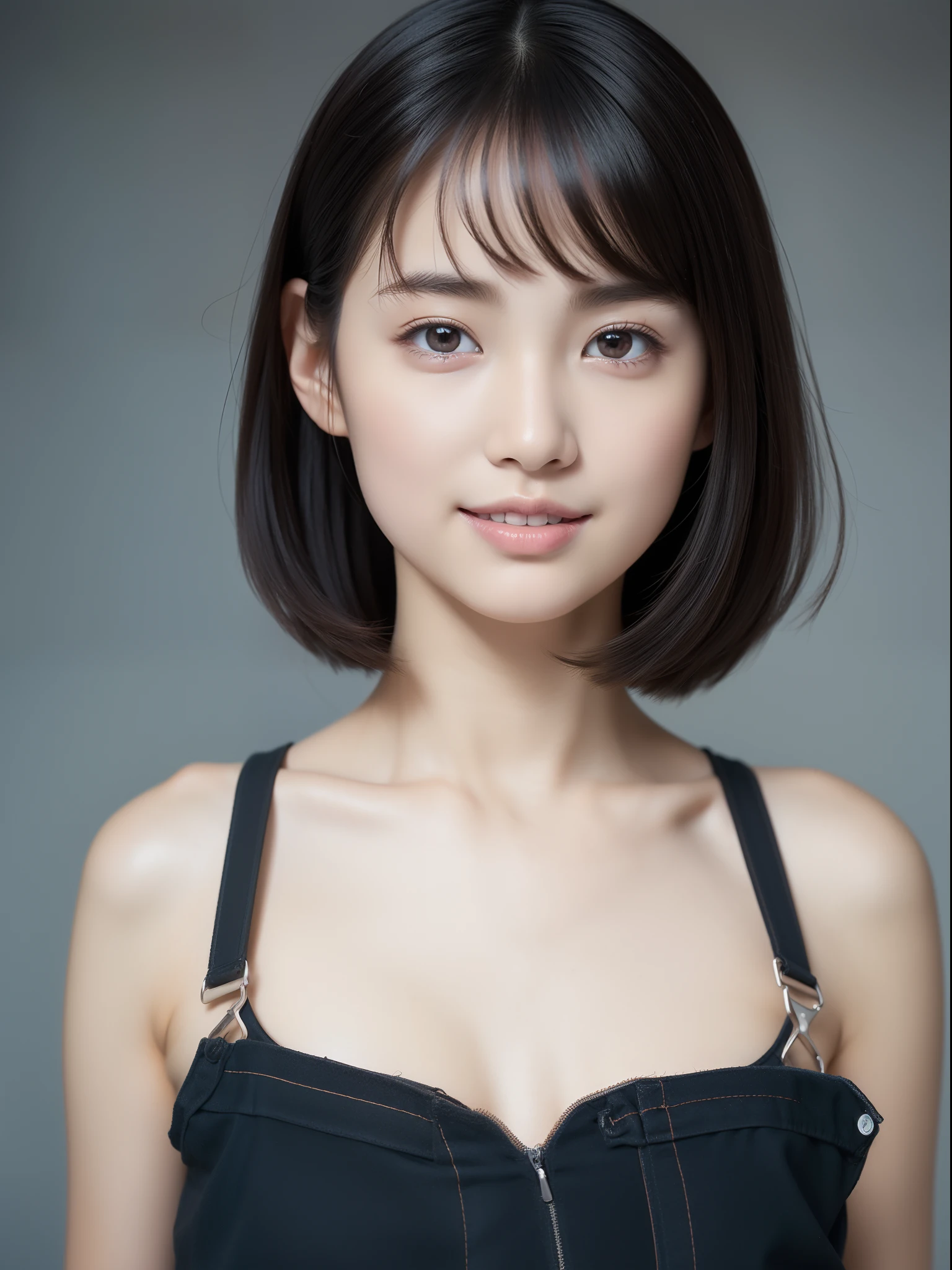 ((top-quality、8K、masterpiece:1.3))、Beautuful Women、1girl in、(cute little)、Slender Abs:1.1、(random color dress)、((short-hair))、hyperdetailed face、very detailed lips、A detailed eye、二重まぶた、(well-groomed bangs.1.3)、dark brown hair、big eye、enticing lips、The corners of the mouth rise、Black eye、(Night Party)、cute littleワンアジア人の顔, the face of a beautiful Japanese girl, with short hair with bangs, white hime cut hairstyle、Slender eyes、17-year-old beautiful girl、Wet body