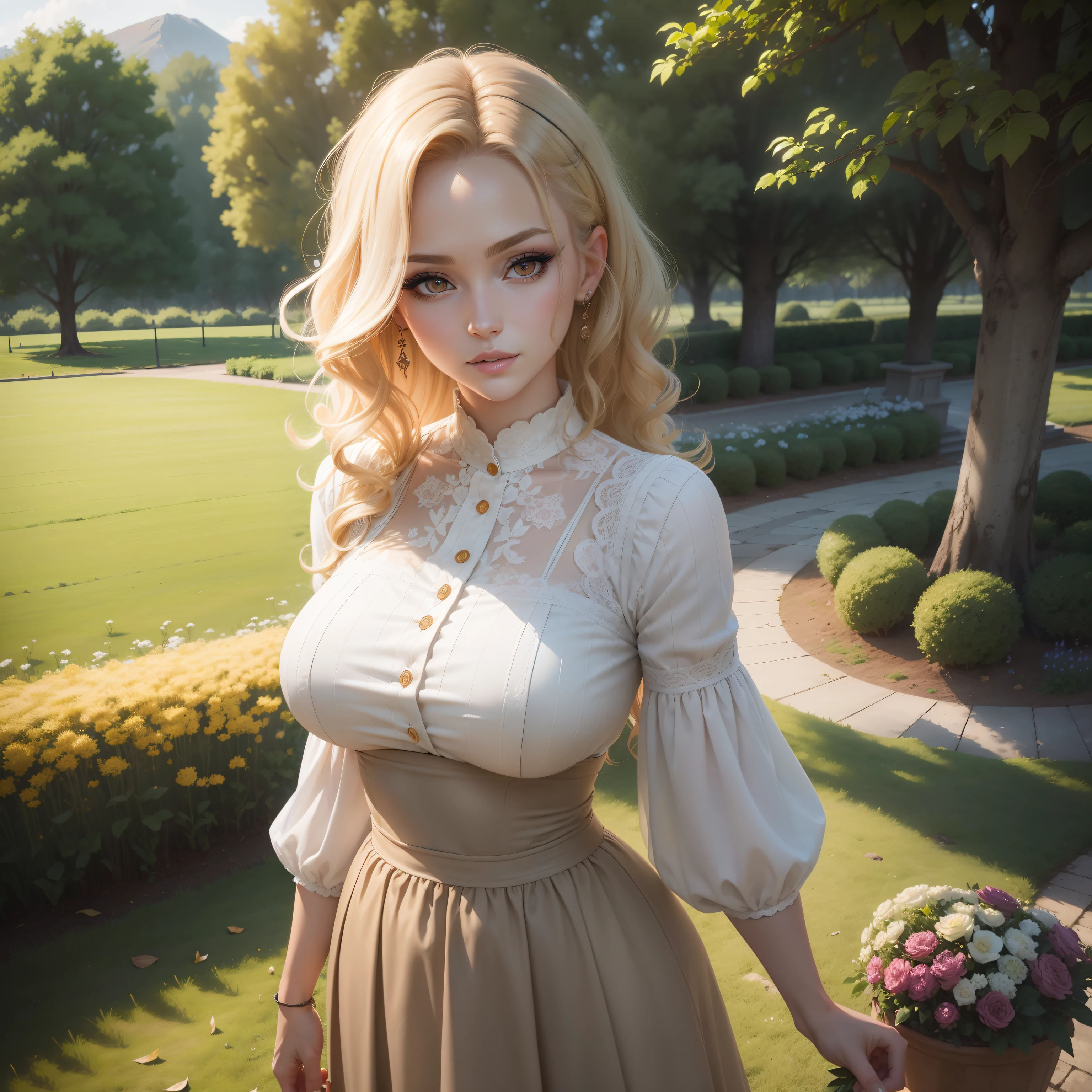 (masutepiece:1.2), (Best Quality:1.2), Full body portrait,Perfect eyes, Perfect face, Perfect Lighting, 1girl in, Mature woman in the field, medium blonde hair, Curly hair, detailed clothes, Detailed outdoor background, makeup, eyeshadows, thick eyelashes, Fantasy, Looking at the viewer, spring,