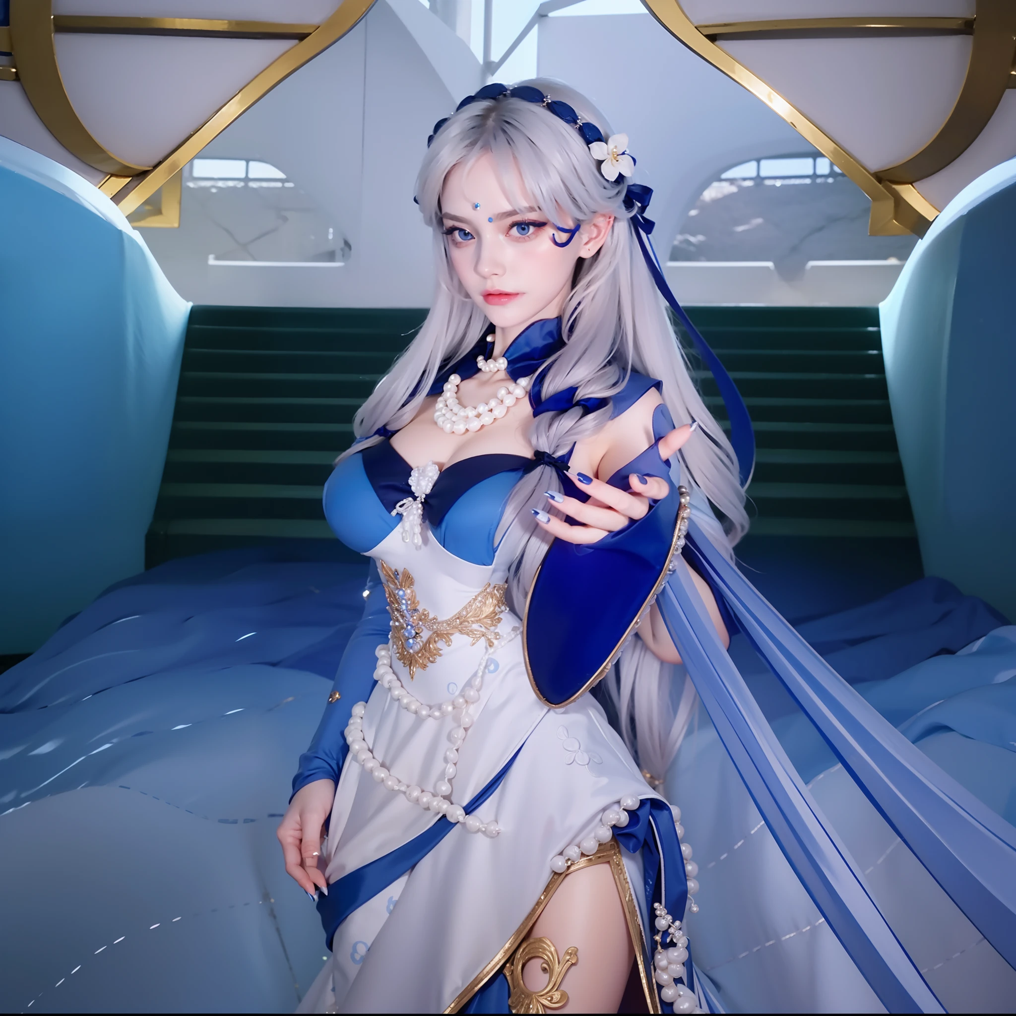 white long hair, pearl necklace, wearing blue navy dress elegant, big breasts, hands reach forward, glare expression, staring intently, 3horn headband, blue nails, photorealistic, masterpiece, Hands reach forward, 5 finger