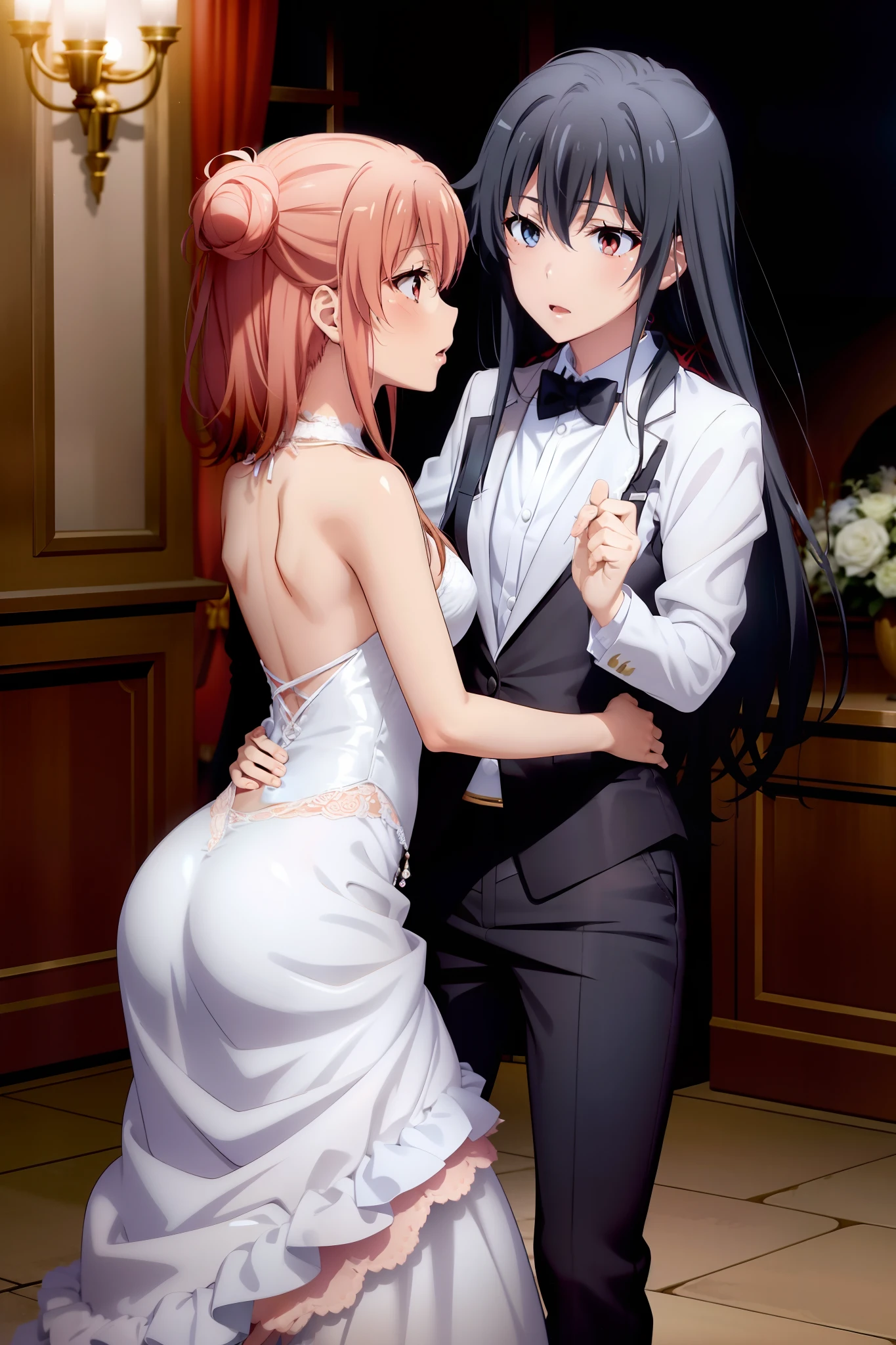 2girls, yuri, Yukinoshita Yukino, Yuigahama yui, Yui wears tuxedo and jeans, yukino in a wedding Dress, Waltz dance, Females