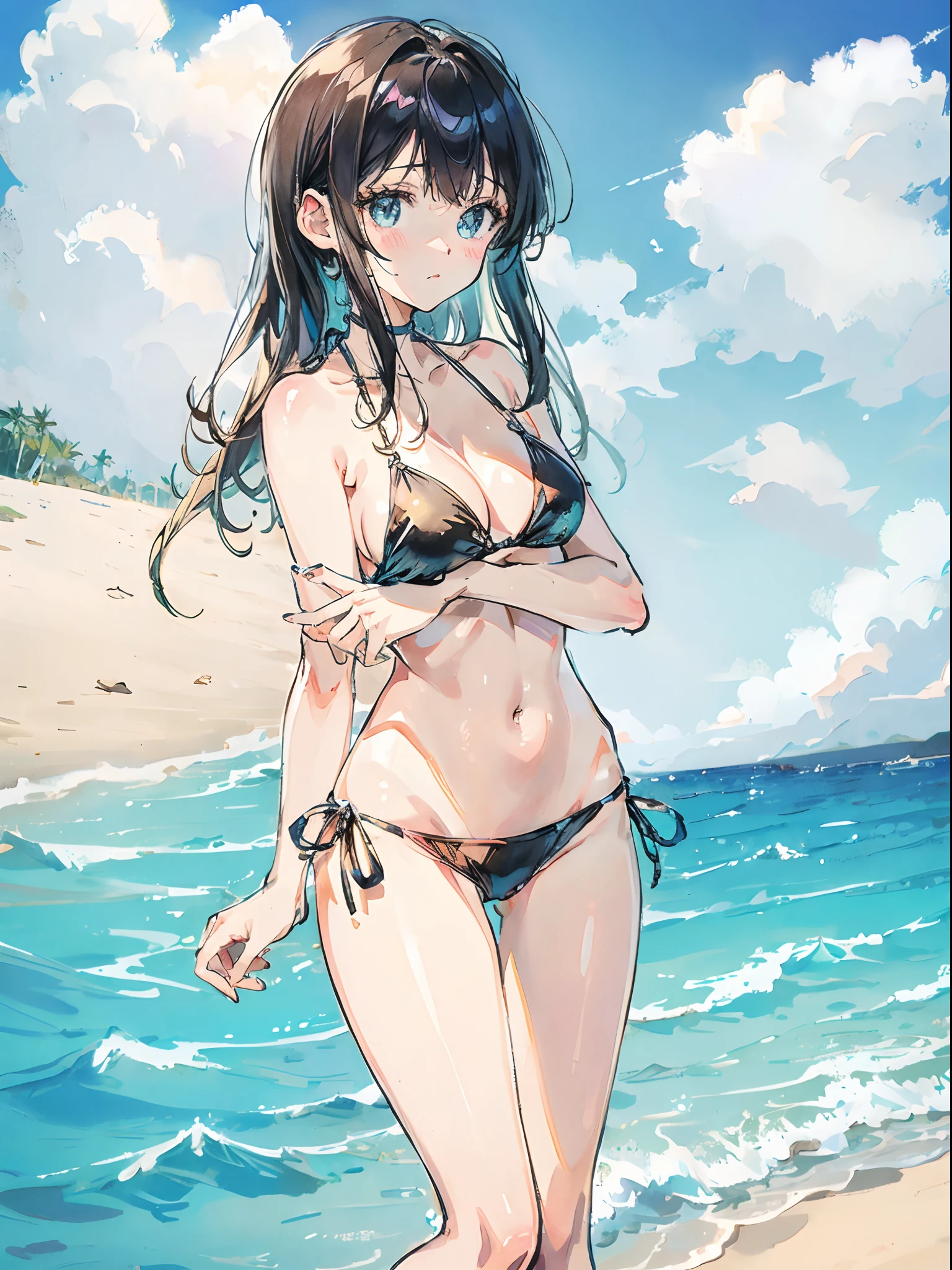 ((Best quality)), 1girl, beach, tropical, (skimpy swimsuit)