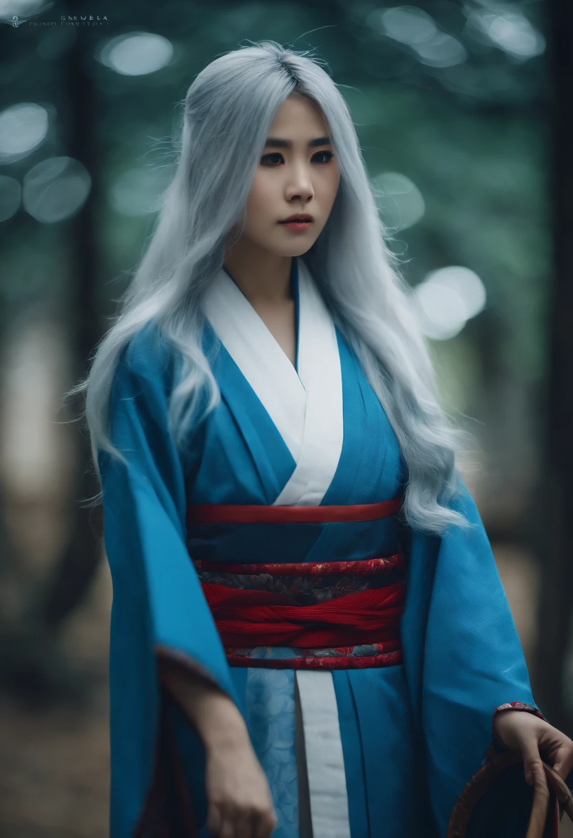 1girl, kagura, masterpiece, high quality, 2K, Japanese girl, Japanese clothes, blue clothes, blue kimono, long hair, white hair, umbrella