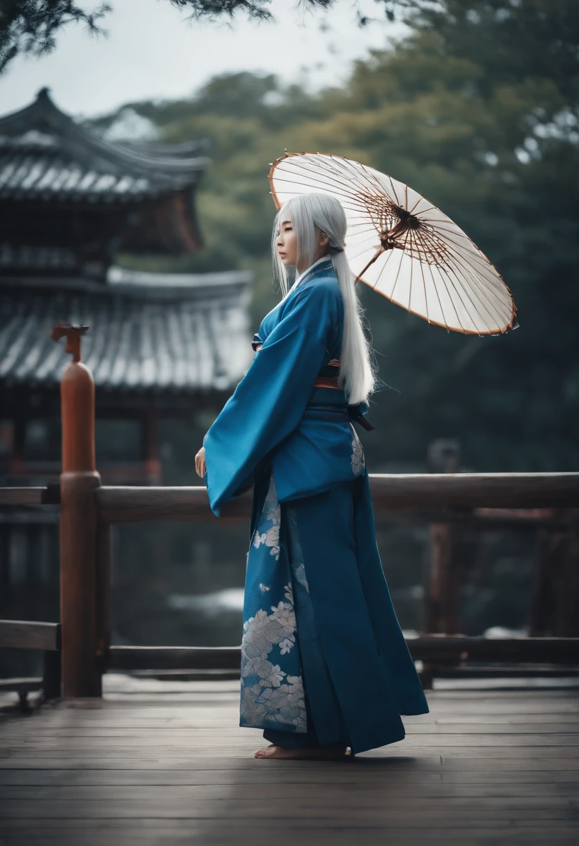 1girl, kagura, masterpiece, high quality, 2K, Japanese girl, Japanese clothes, blue clothes, blue kimono, long hair, white hair, umbrella