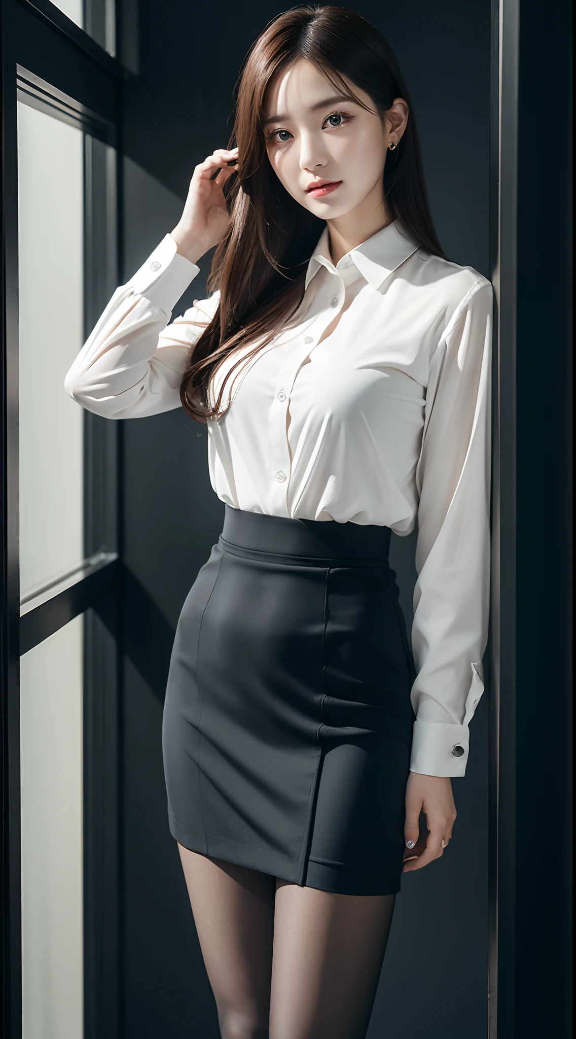 (Skirt lifting), ((Show panties)), looking in camera, Angle from below, Short skirt、Classy upper-class elite secretary in business shirt, working in an office、Wearing a strict business suit, Wearing pantyhose、Wear high-end high heels、 Girl in a shirt, Wearing a business suit, Wearing a business suit, in a business suit, businesswoman, business clothes, wearing black business suit, Wear shirts and skirts, Woman in business suit, Business attire, business outfit, Raw photo, (8K、top-quality、​masterpiece:1.2)、(intricate detailes:1.4)、(Photorealsitic:1.4)、octane renderings、Complex 3D rendering ultra detail, Studio Soft Light, Rim Lights, vibrant detail, super detailing, realistic skin textures, Detail Face, Beautiful detail eyes, Very detailed CG Unity 16k wallpaper, make - up, (detailedbackground:1.2), Exposed thighs!!!,