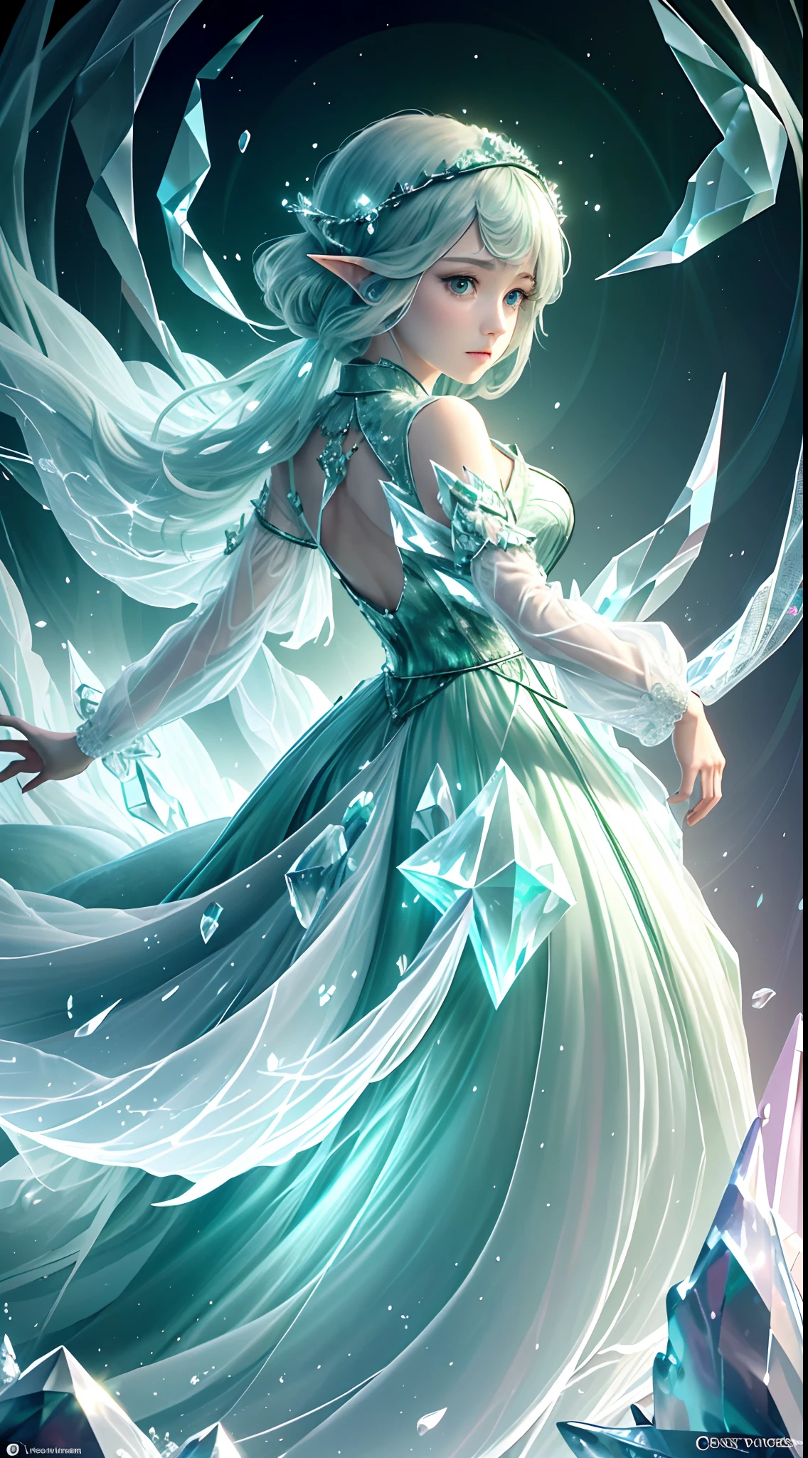 (Masterpiece, Top Quality, Best, Official Art, Beautiful and Aesthetic, Long Exposure: 1.2), Smooth Movement, Charming Patterns, 1 Girl, (Long Dress with Sleeves: 1.3), (((Green Clothes) )), upper body close-up, bare shoulders, Chinese girl, blush, black lob hair, portrait, solo, upper body, looking at the observer, detailed background, detailed face, (crystallineAI, crystalline theme:1.1), elemental wood elf, rotation foliage, control foliage, emerald clothing, dynamic pose, floating particles, ethereal dynamics, foliage, vapor, forest in the background, green tint, forest, ethereal atmosphere,