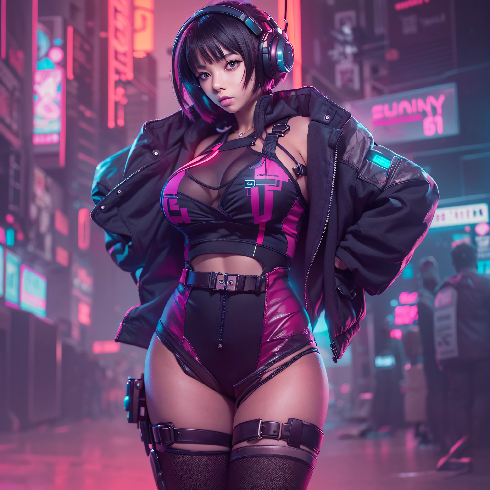 1girl in, Cyberpunk, (Full body:1.1), thighs thighs thighs thighs, cleavage, Perfect eyes, Perfect face, kuvshinov, (Gradient background:1.2),