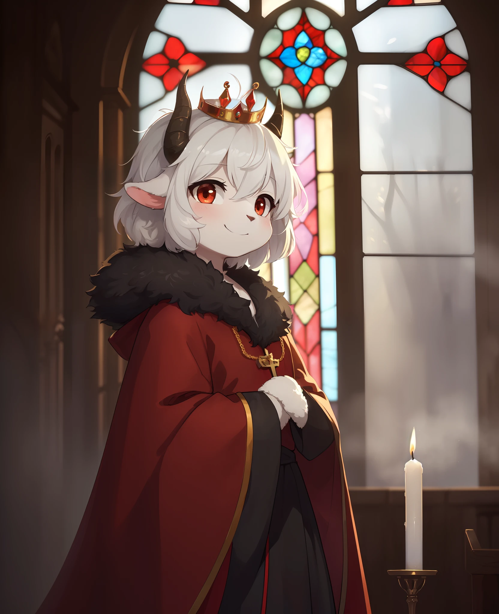 uploaded on e621, ((by Yurusa, by Childe Hassam, by Kenket, by Kyoto Animation)),
solo (chibi:1.15) ((sheep (lamb \(cult of the lamb\)), black body and white fur, white hair, horn, clear red sclera)),
(wear red crown, red cloak, grey black gown:1.25), (flat chested, smile), ((detailed fluffy fur)),
(half-length portrait, looking at viewer, three-quarter view:1.3),
BREAK,
(standing at church with stained glass:1.25), (outside, fog, mist, candle:1.2),
(detailed background, depth of field, half body shadow, sunlight, ambient light on the body),
(intricate:0.7), (high detail:1.2), (unreal engine:1.3), (soft focus:1.1),
[explicit content, questionable content], (masterpiece, best quality, 4k, 2k, shaded, absurd res)